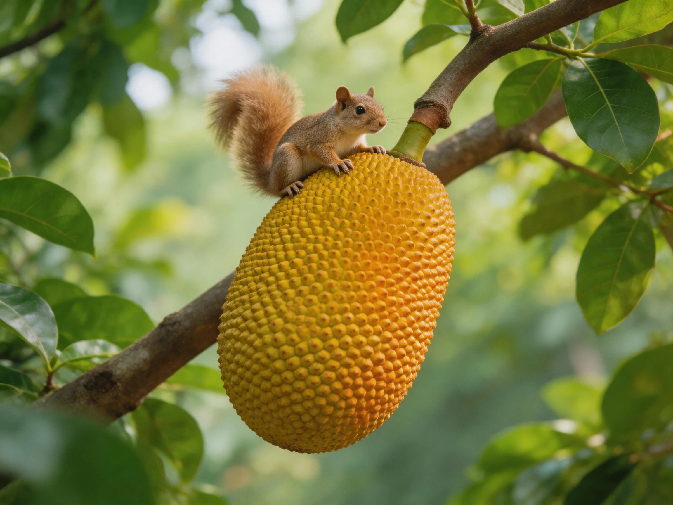 A squirrel sits on a giant golden jackfruit among green foliage