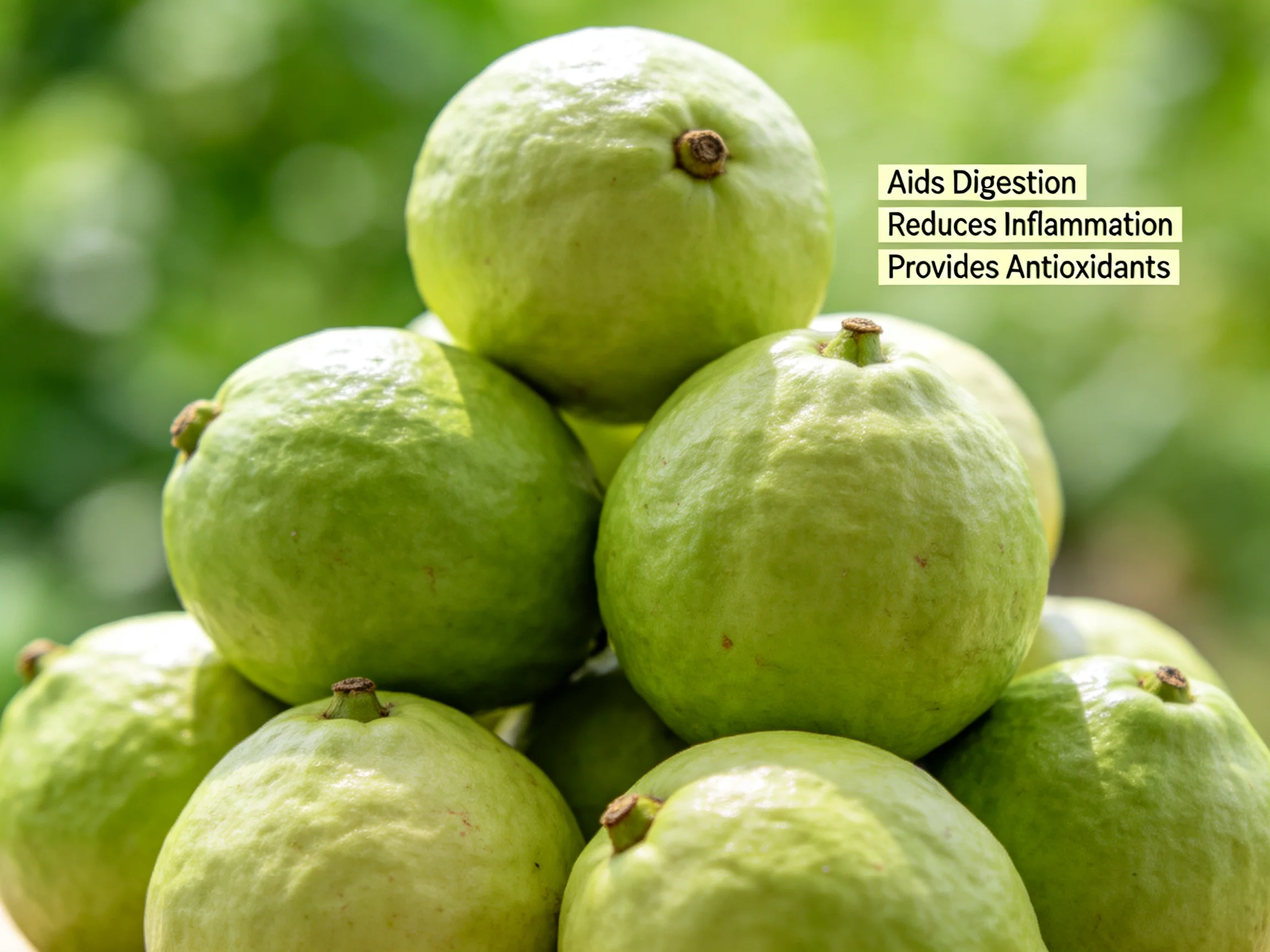 A stack of fresh green guavas arranged in a pyramid outdoors