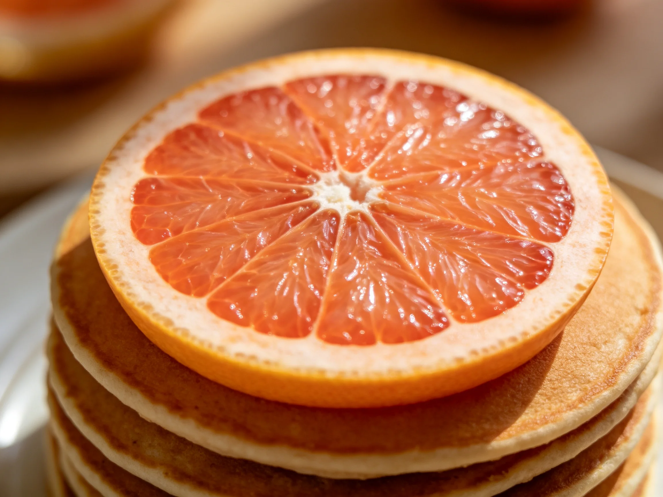 A stack of golden pancakes topped with a vibrant pink grapefruit half