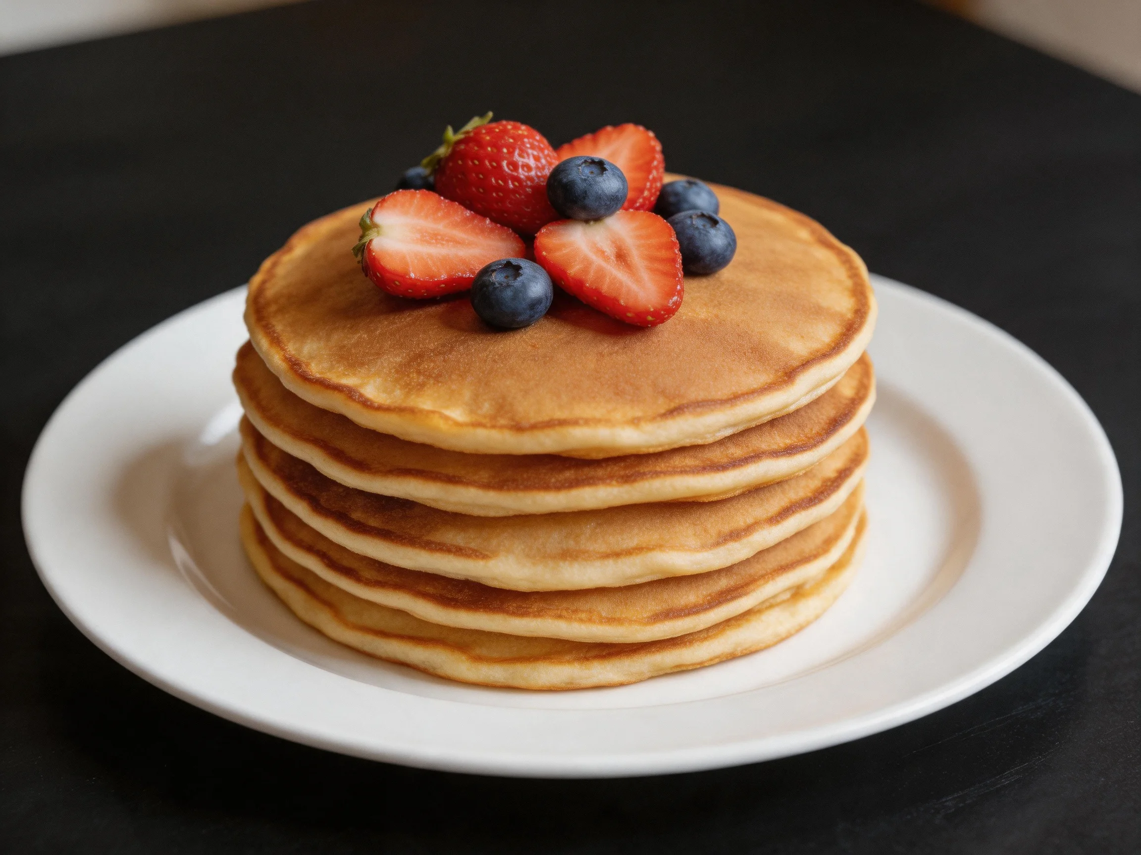A stack of golden pancakes topped with fresh strawberries and blueberries