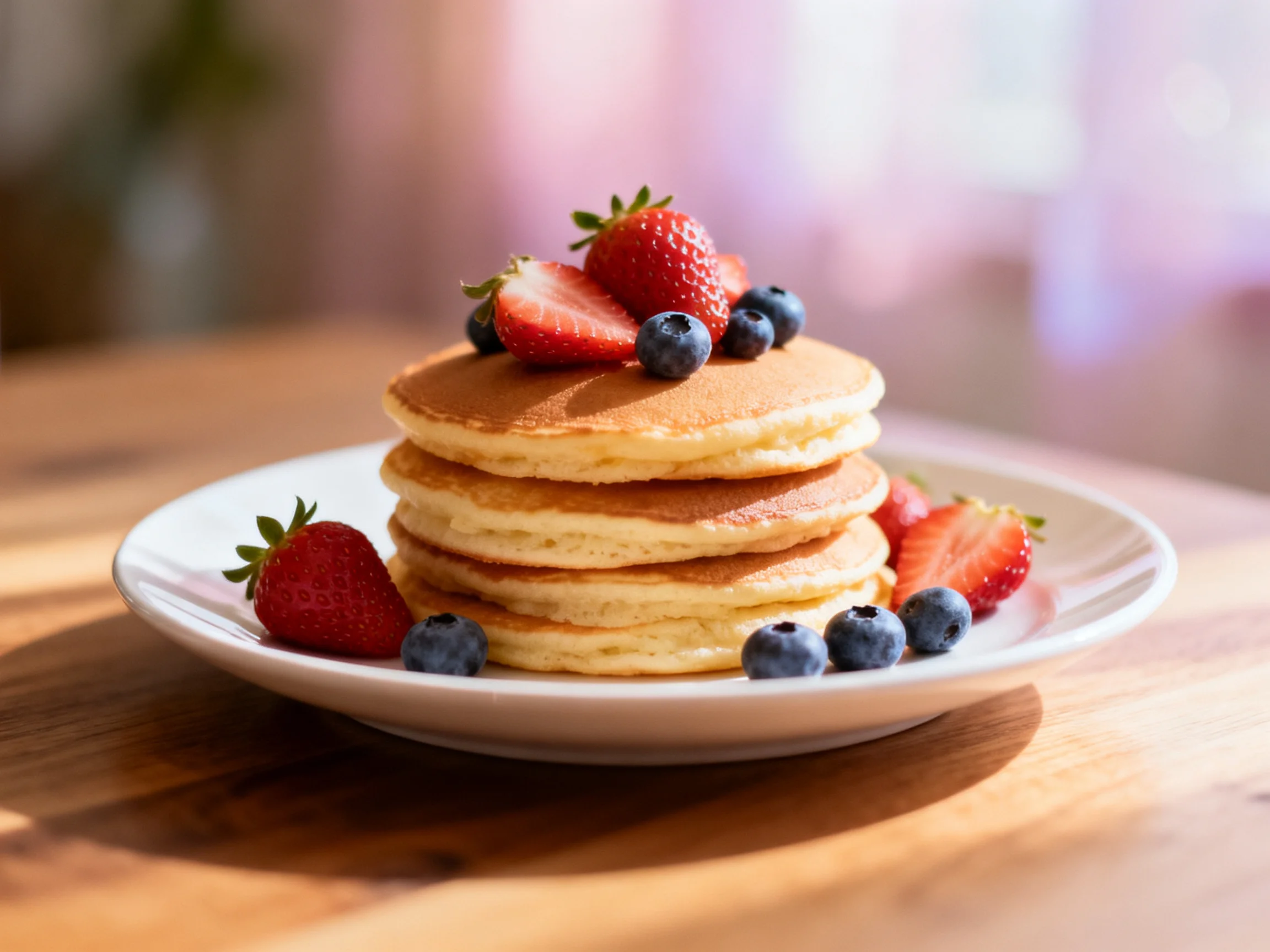 A stack of golden pancakes topped with fresh strawberries and blueberries