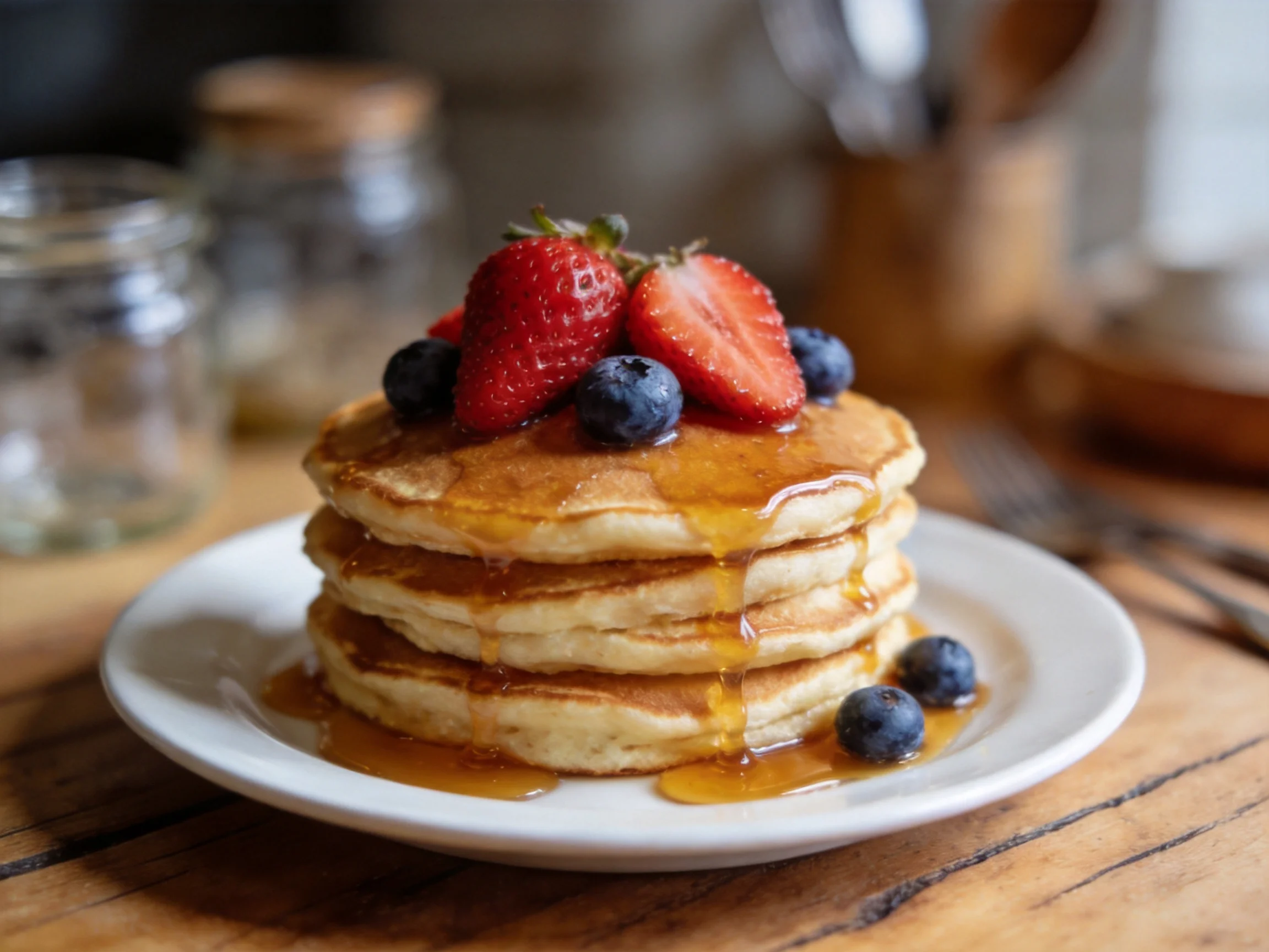 A stack of golden pancakes topped with fresh strawberries and blueberries
