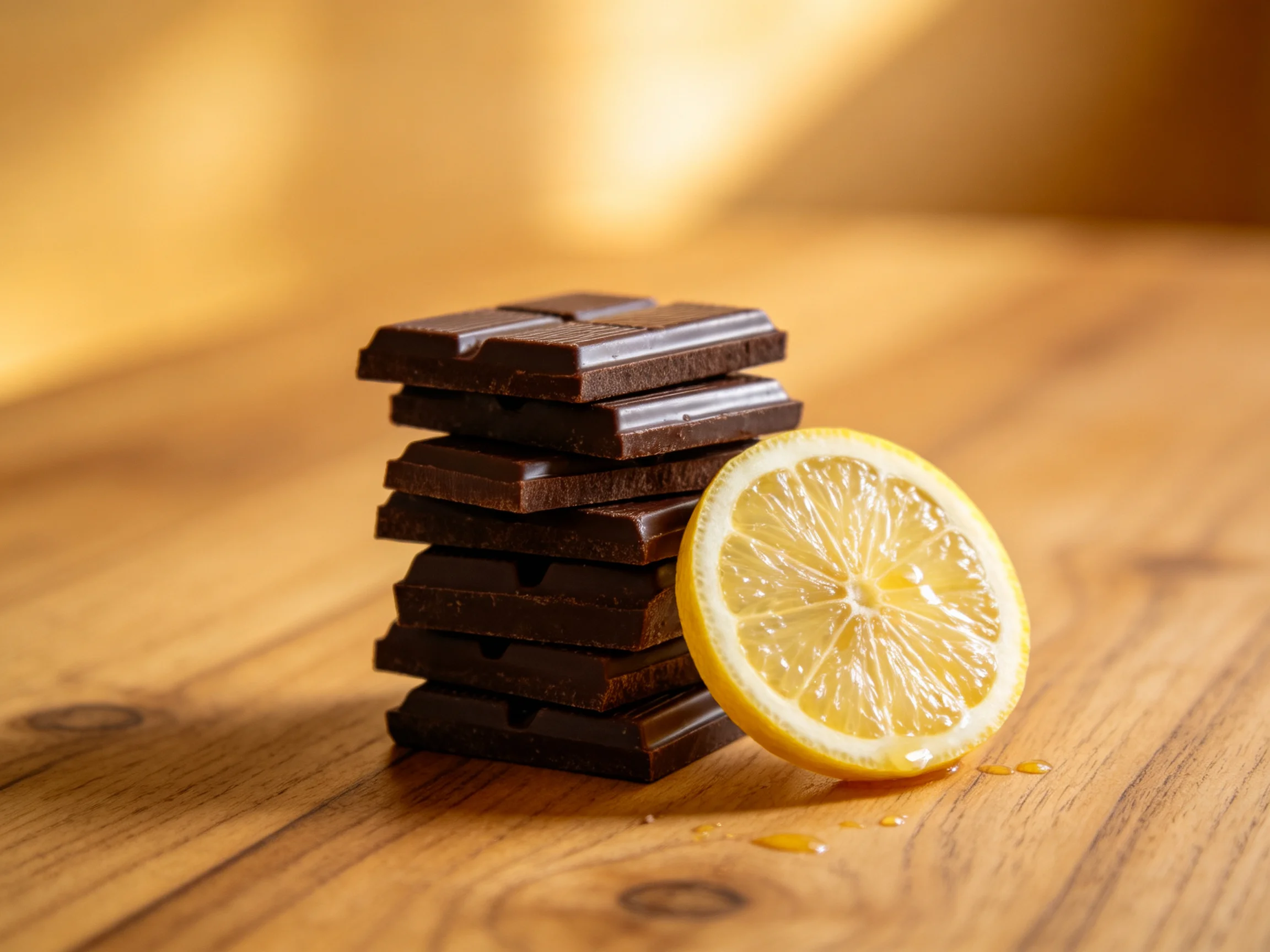 A stack of six dark chocolate bars beside a lemon half