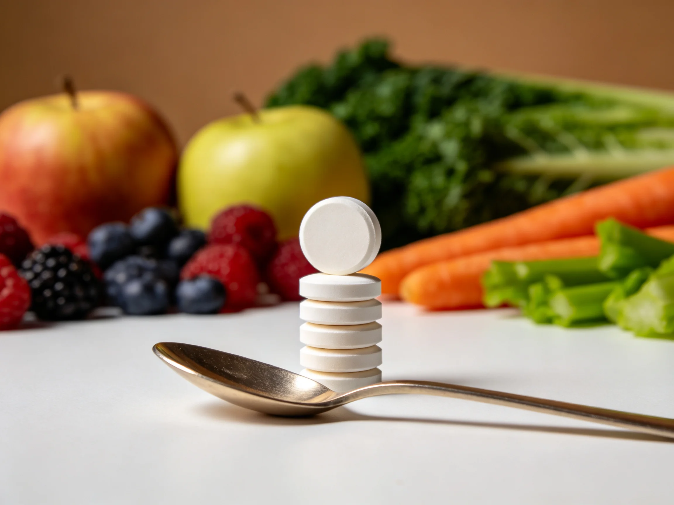A stack of white pills near colorful fruits and vegetables
