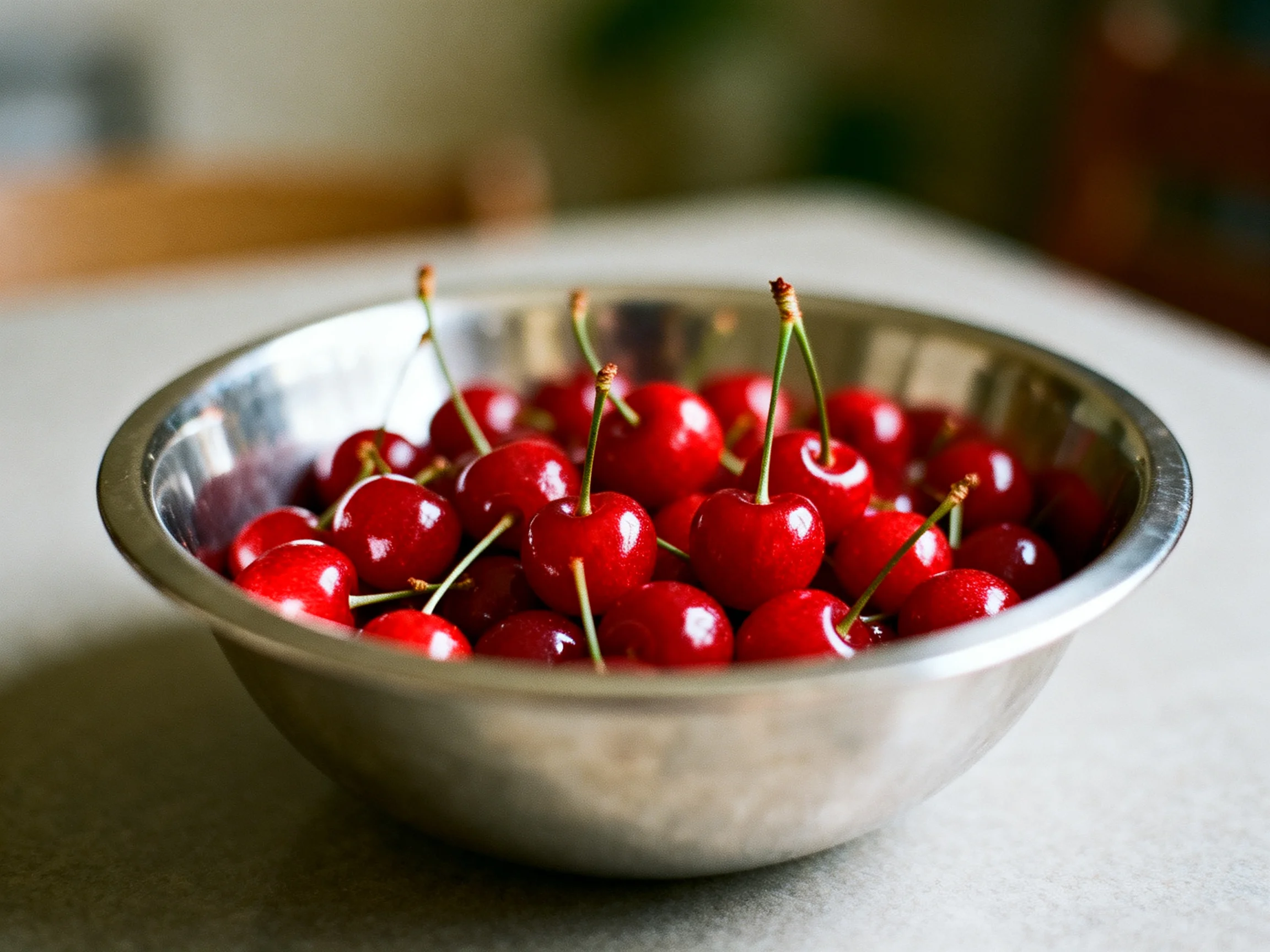 A stainless steel bowl filled with abundant red cherries