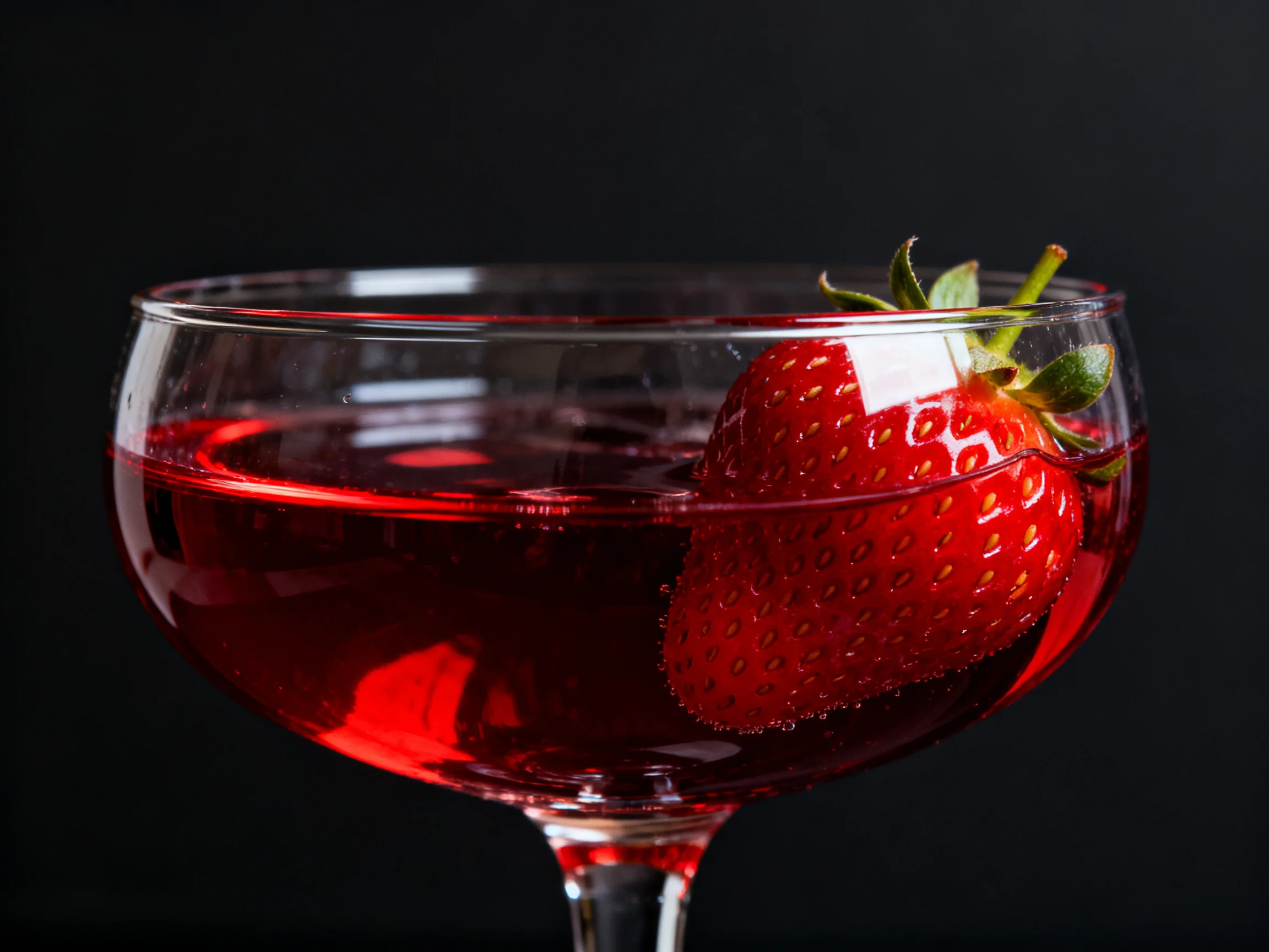 A stemmed glass holds vibrant red liquid with one fresh strawberry