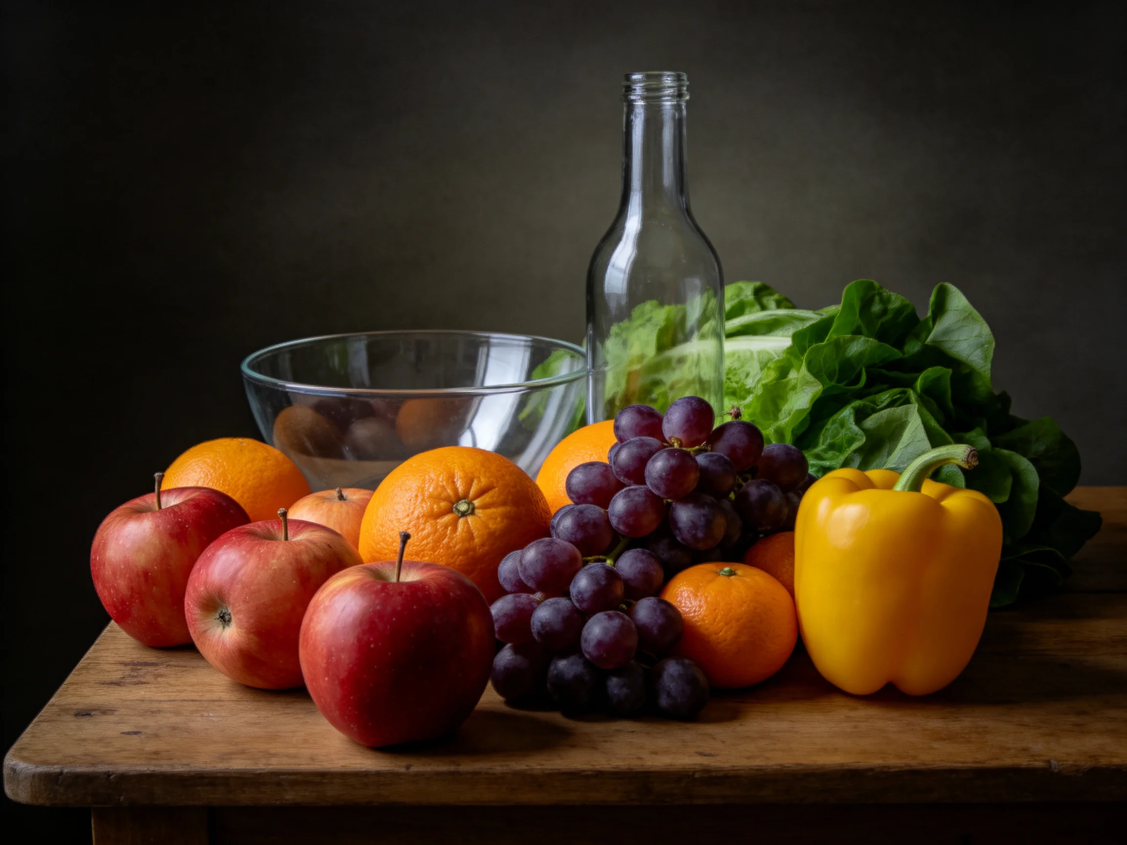 A still life of assorted fruits, vegetables, and glassware on a wooden surface