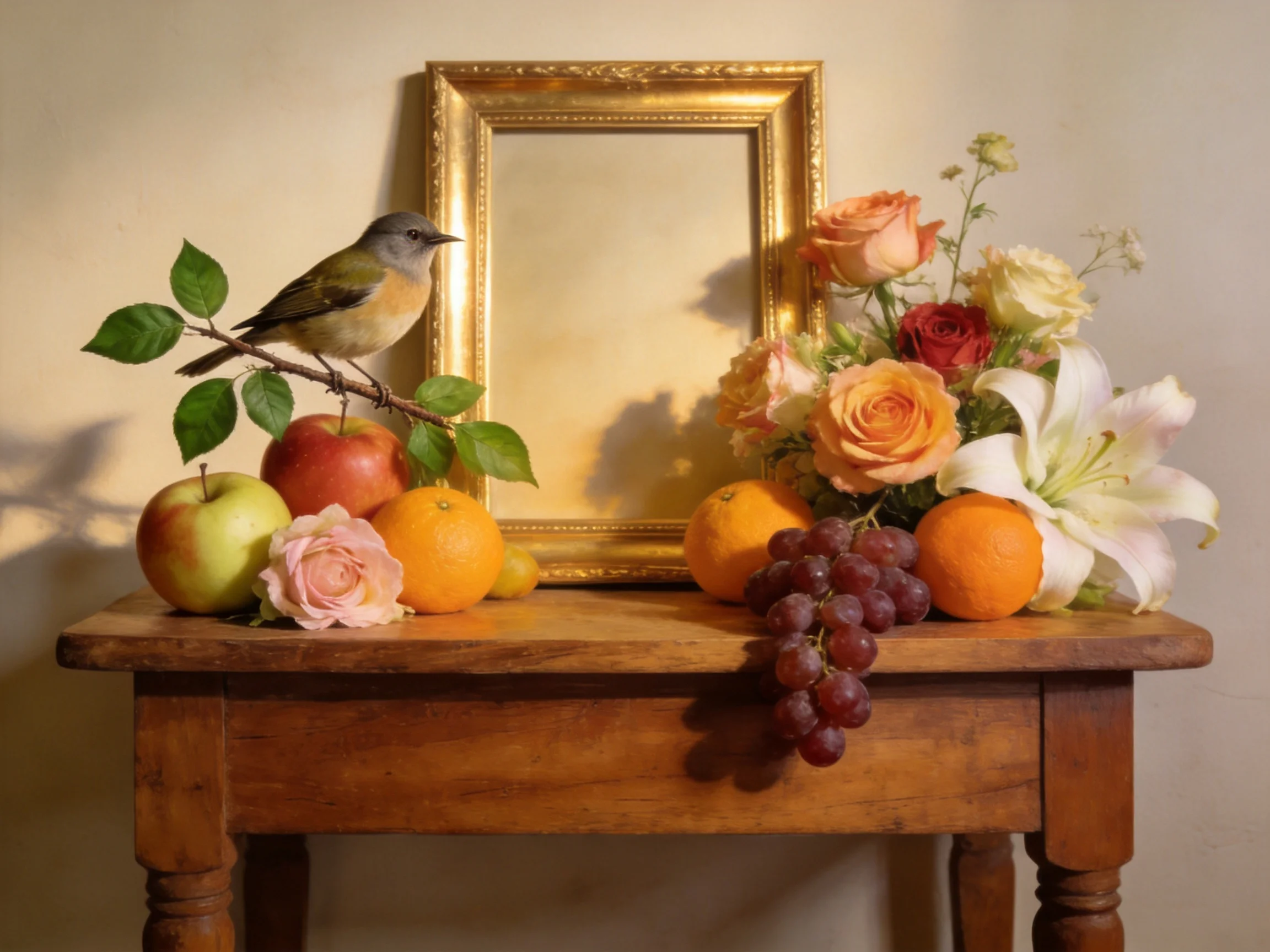 A still life with a bird, apples, oranges, and flowers on a wooden table