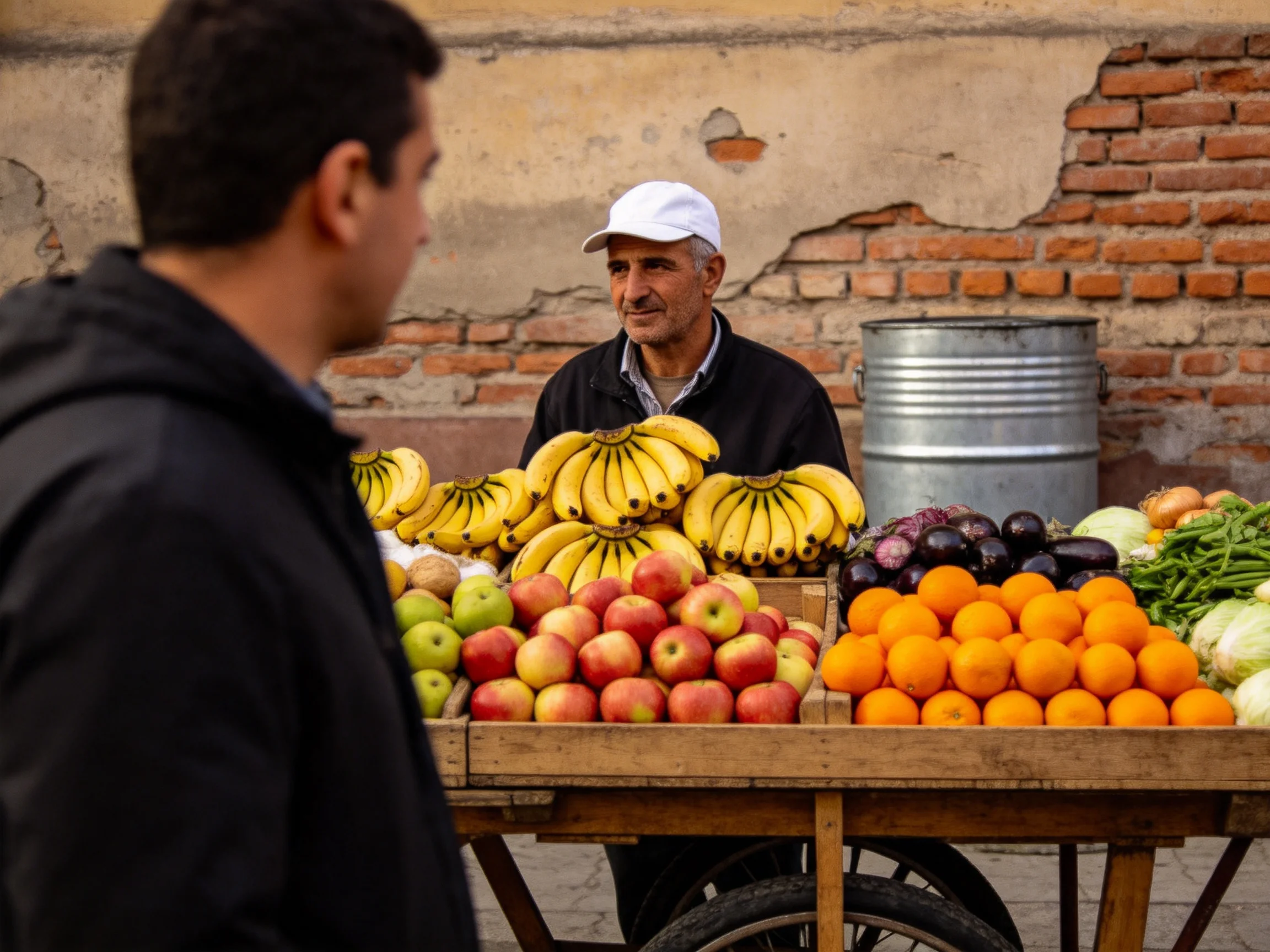 A street vendor’s cart loaded with colorful fruits like bananas, apples, and oranges