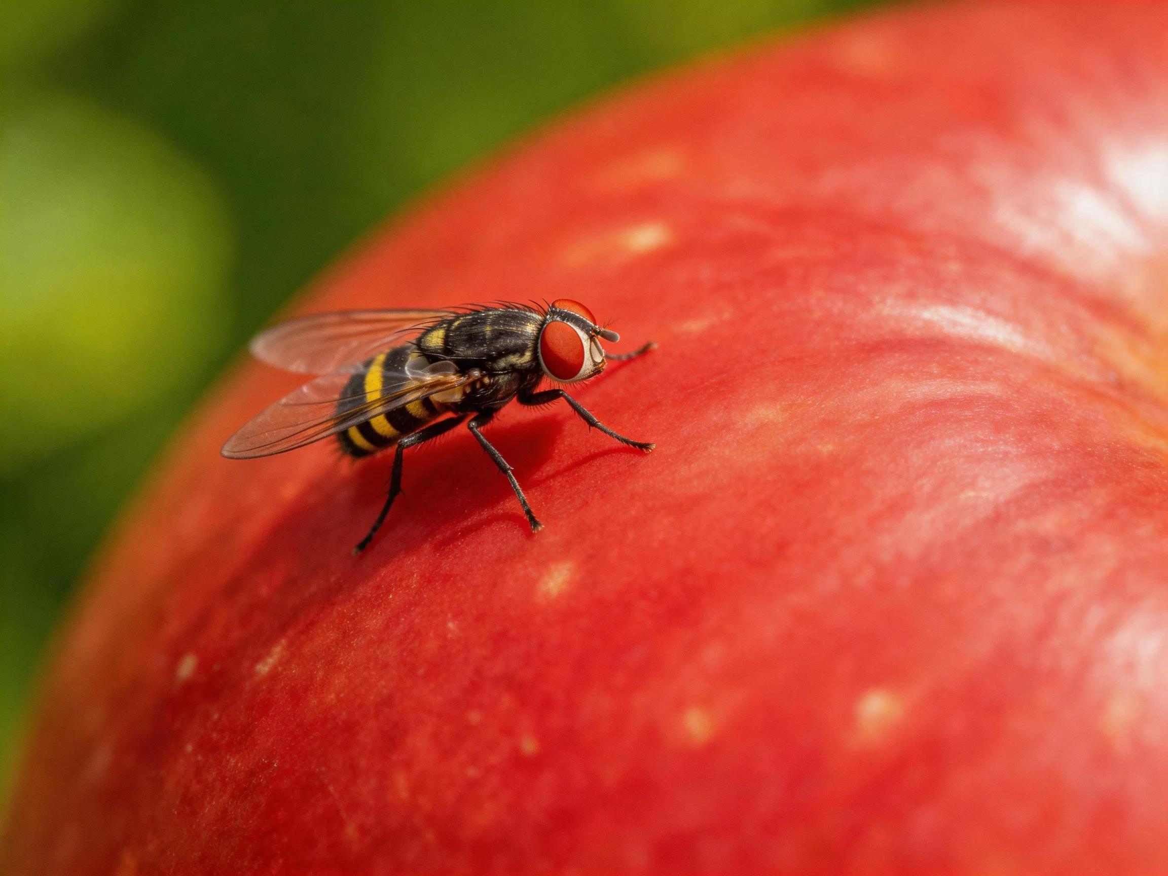 A striped fly perches on a glossy red apple with green blur