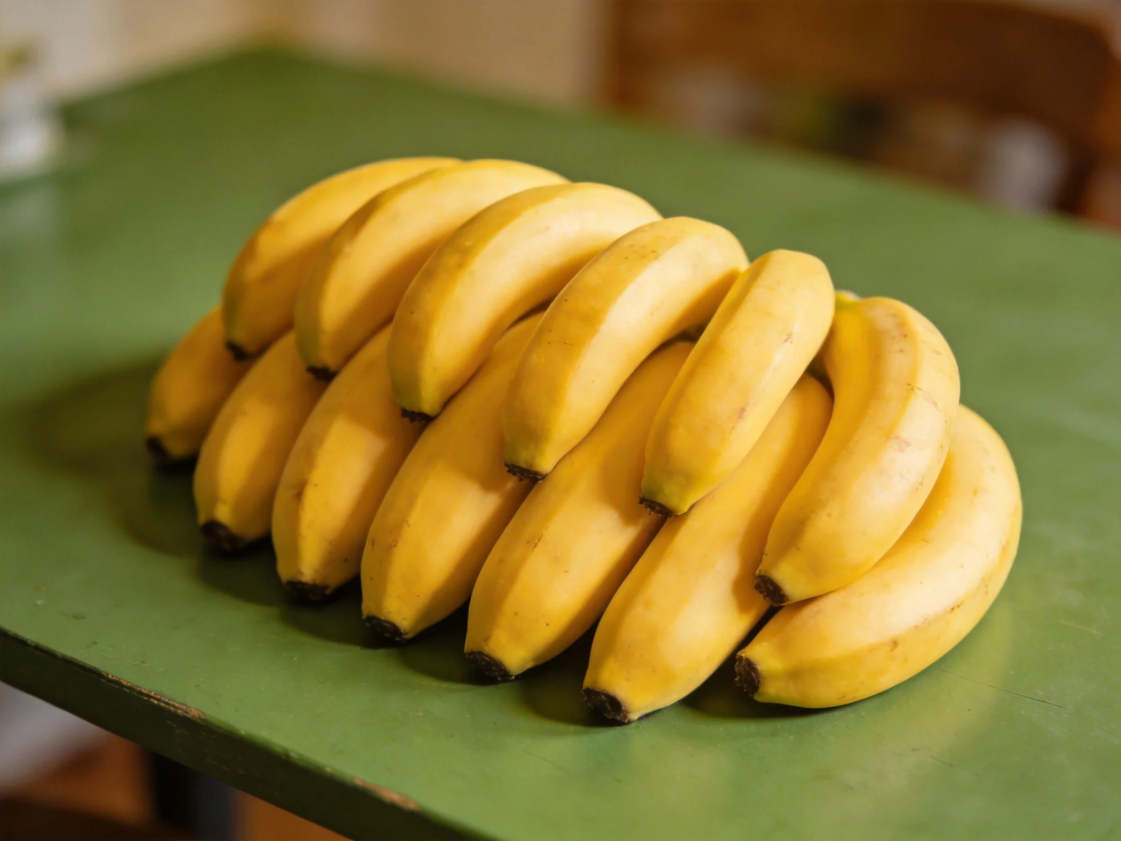 A substantial bunch of yellow bananas arranged on a green table