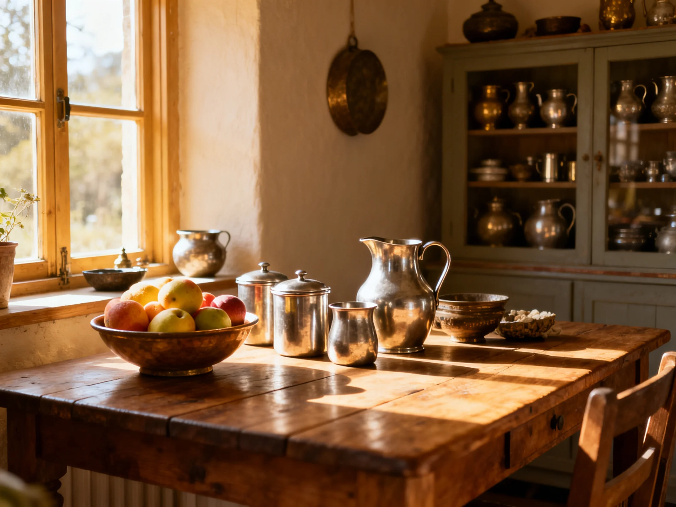 A sun-drenched kitchen with a wooden table, silverware, and fresh fruit