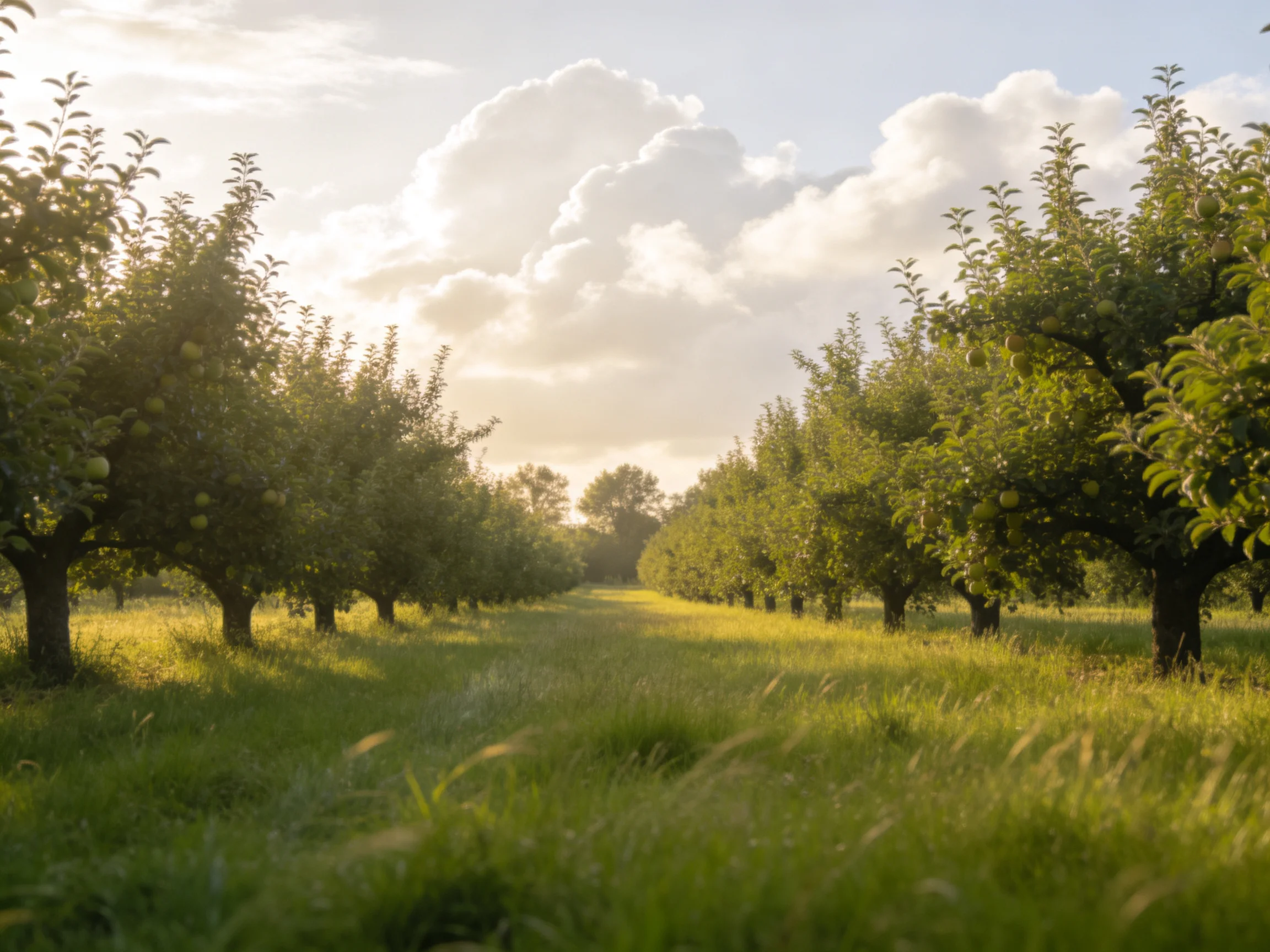 A sun-drenched orchard with rows of leafy fruit trees and golden grass