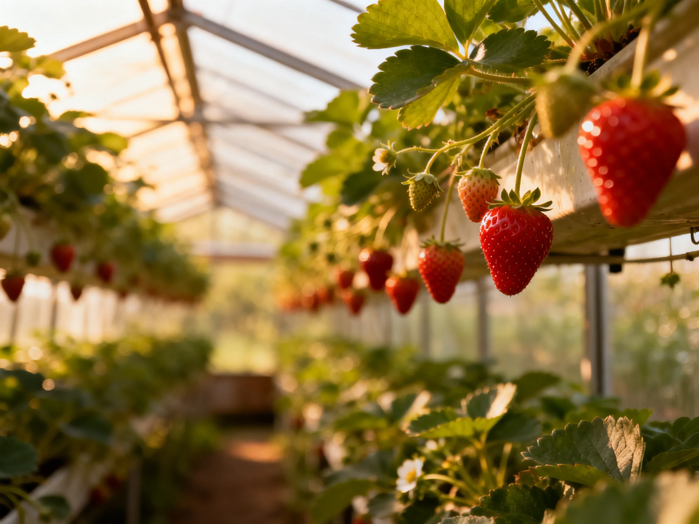 A sunlit greenhouse with abundant strawberry plants in rows
