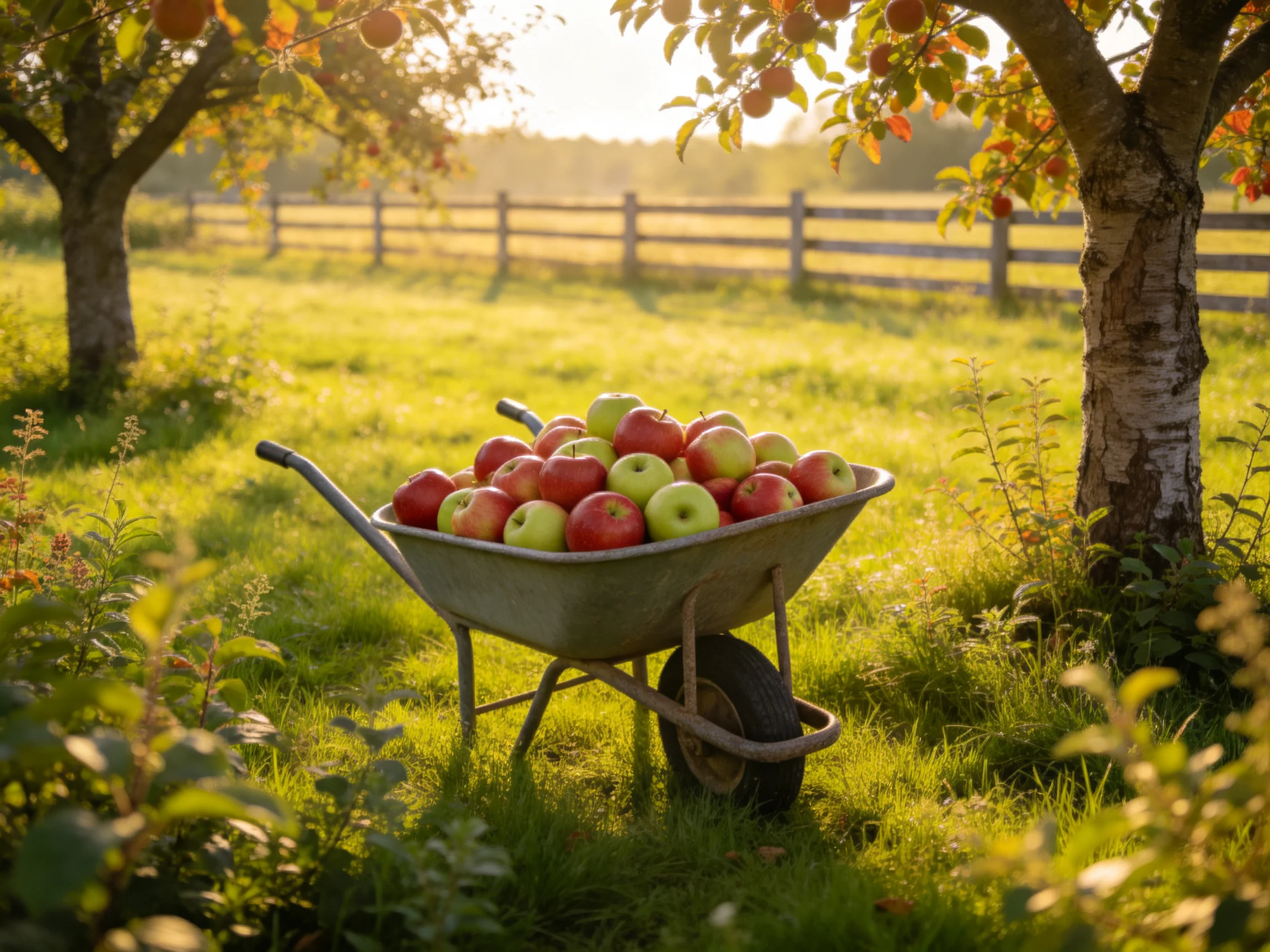 A sunlit orchard with a wheelbarrow full of red and green apples