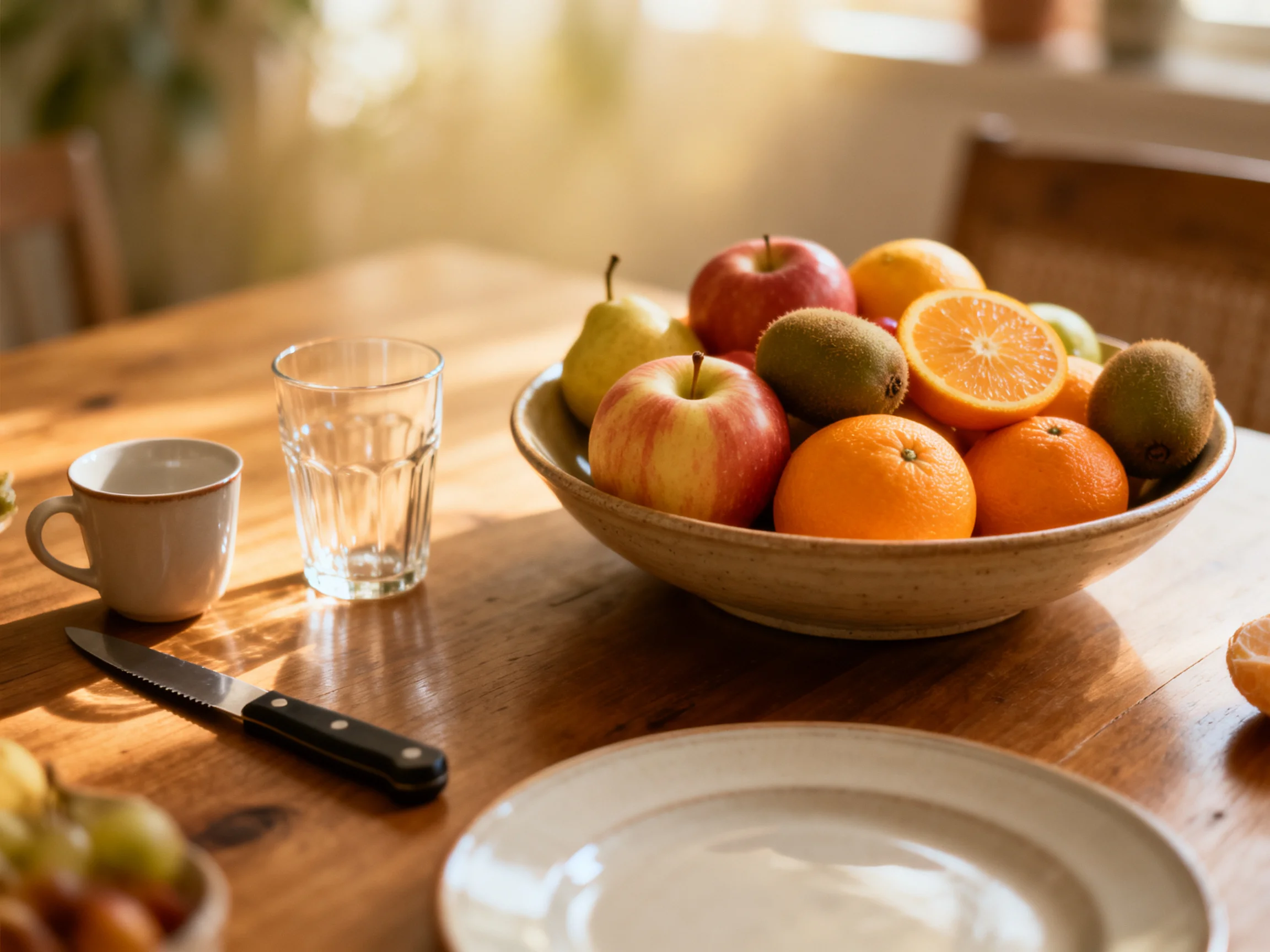 A sunlit wooden table has a large fruit bowl with assorted fruits
