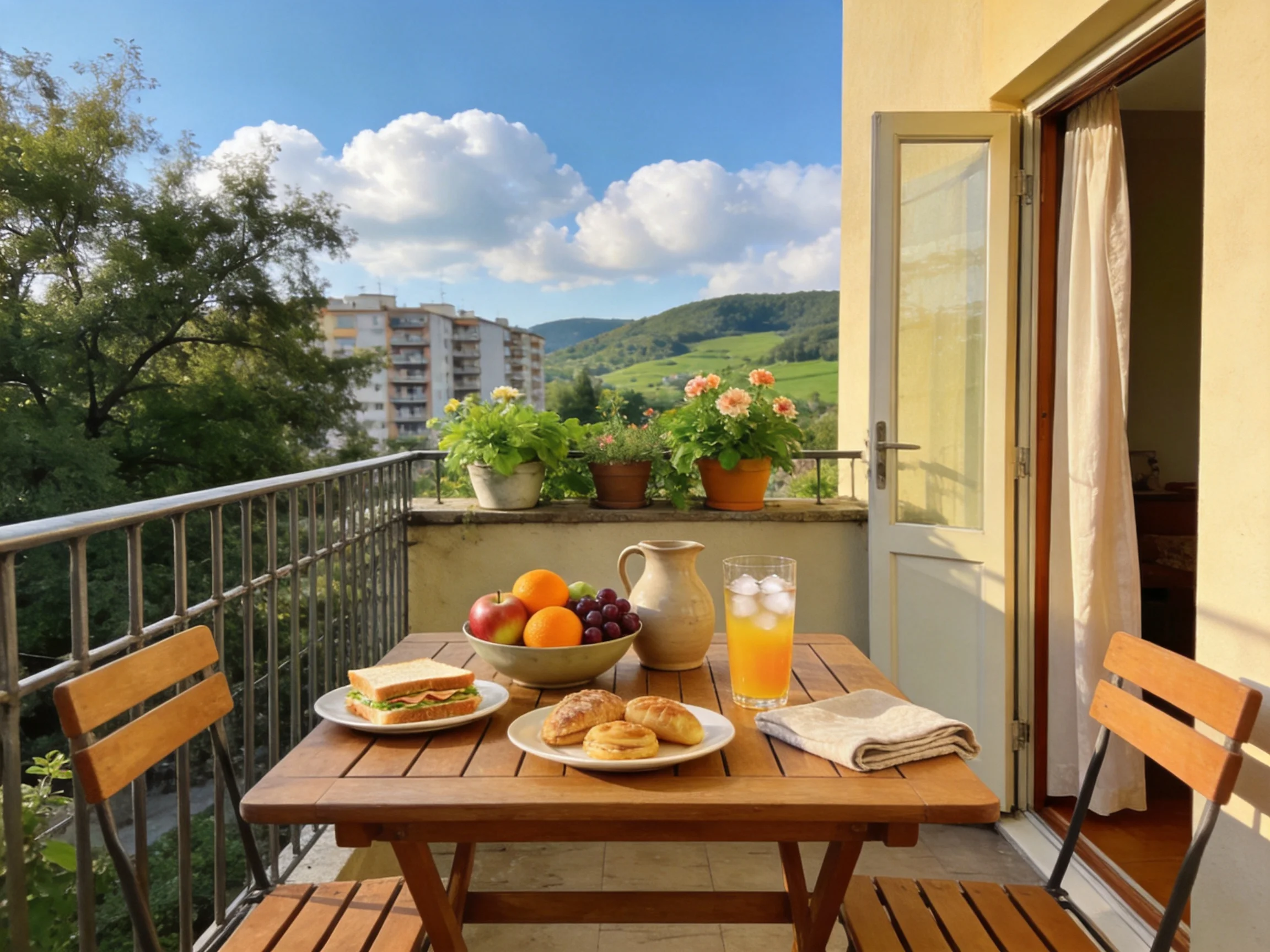 A sunny balcony breakfast with fruits, sandwiches, and potted plants