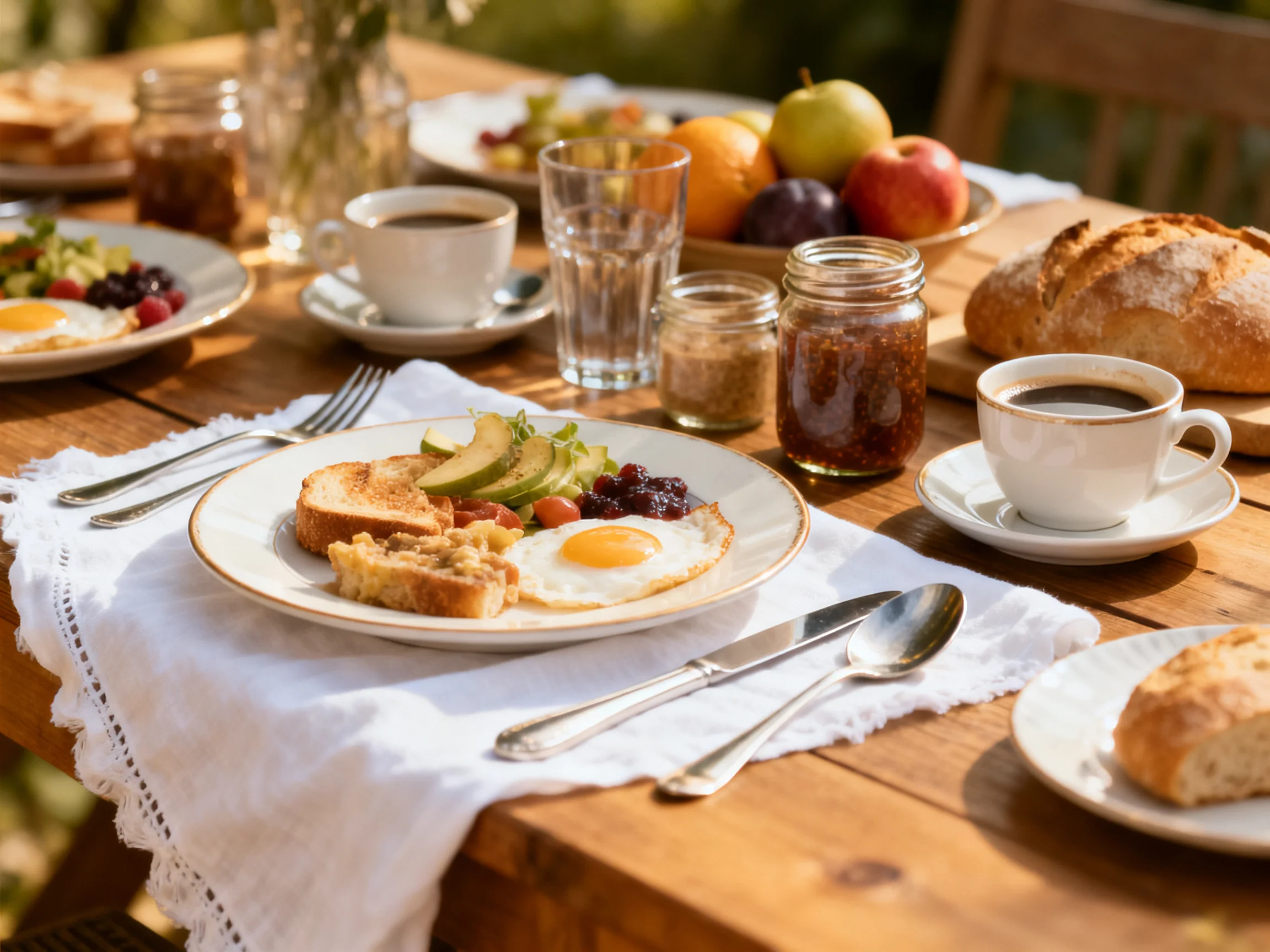 A sunny outdoor breakfast spread with eggs, bread, and fruits