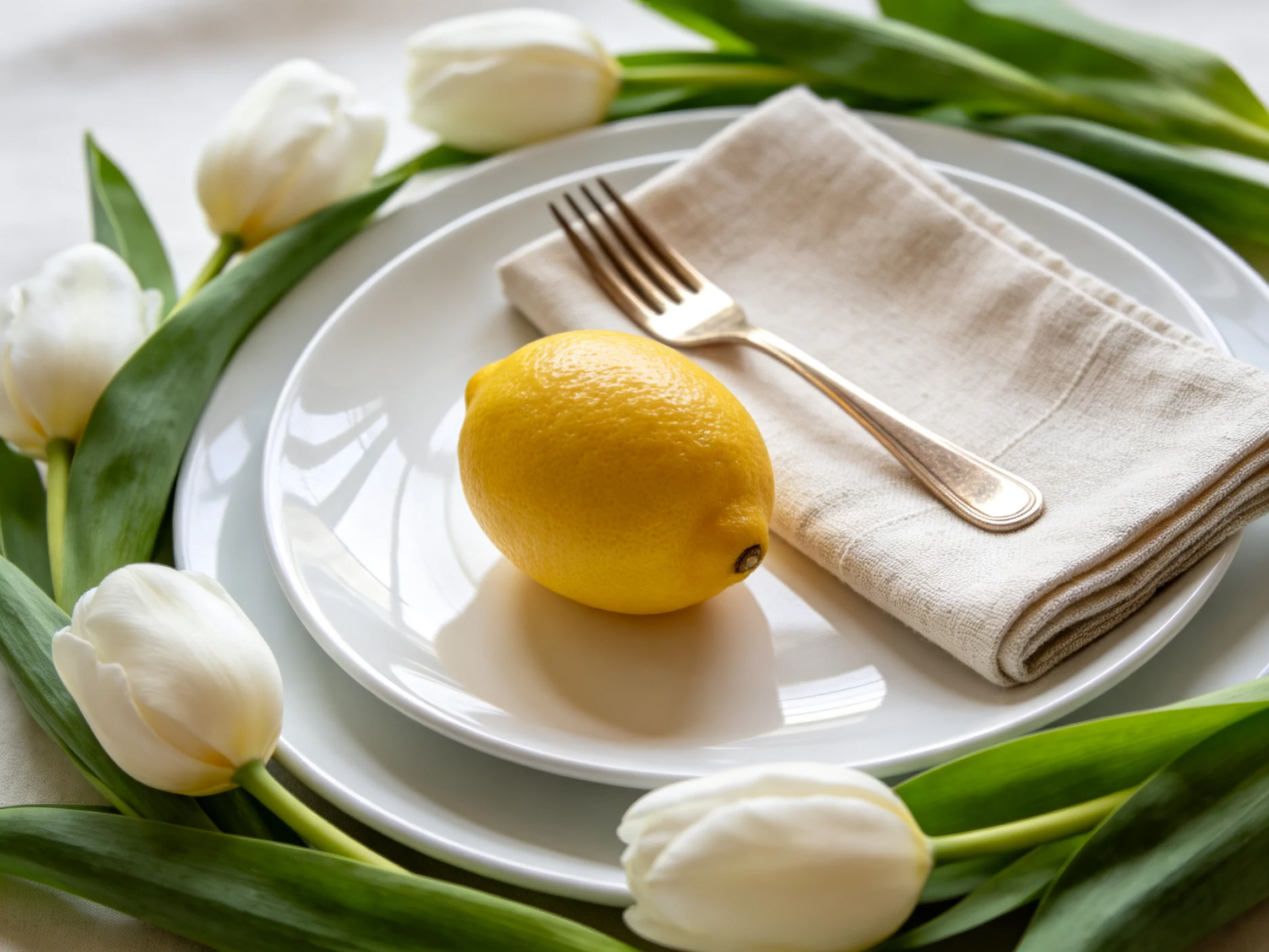 A table setting with white tulips, a yellow lemon, and stacked plates