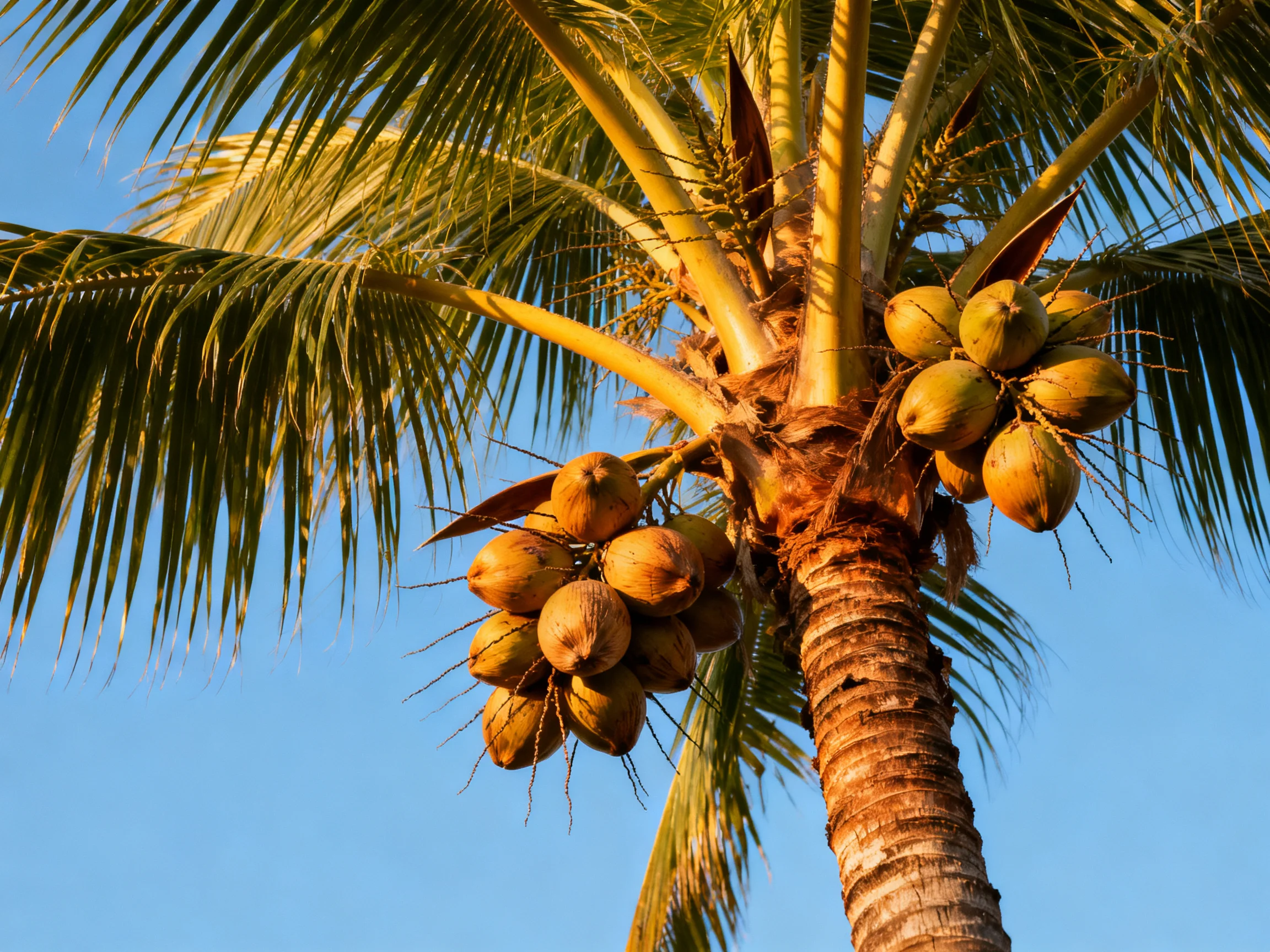 A tall coconut palm tree with two clusters of greenish-brown coconuts