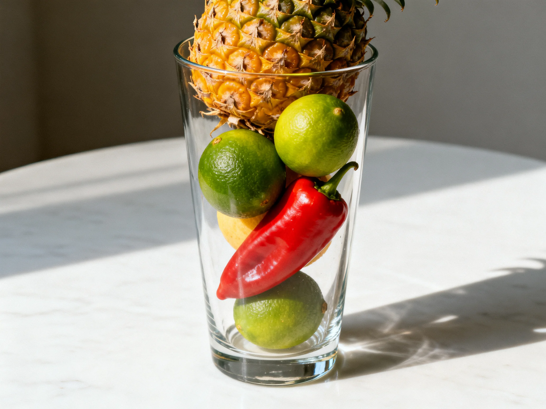 A tall glass holds a pineapple, three limes, a lemon, and a red chili pepper