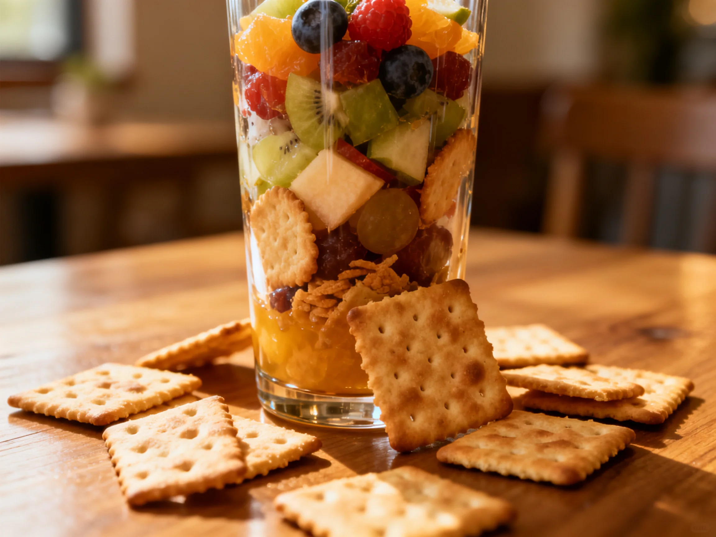 A tall glass holds assorted fruits with square crackers nearby
