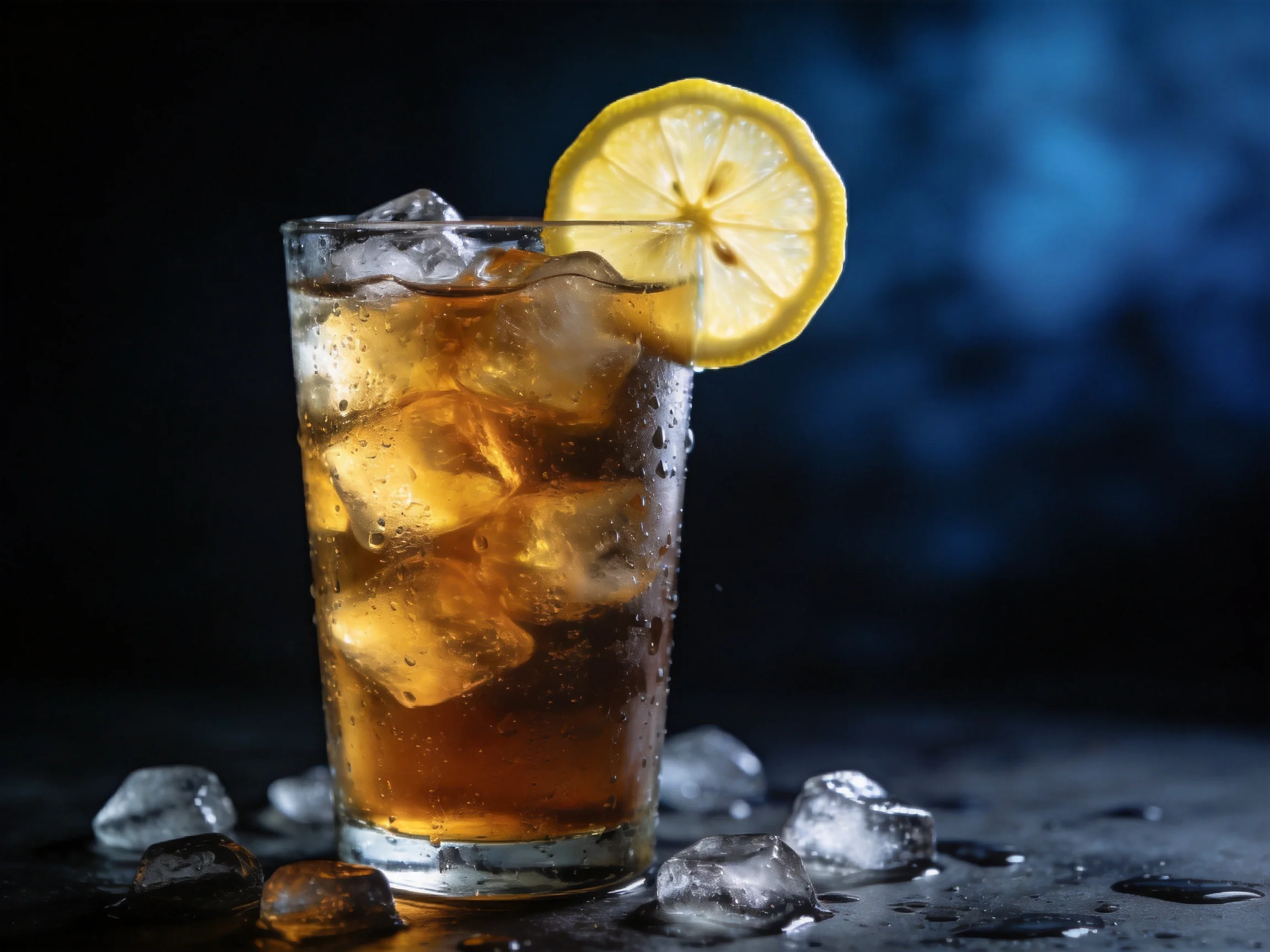 A tall glass of amber iced tea with lemon garnish