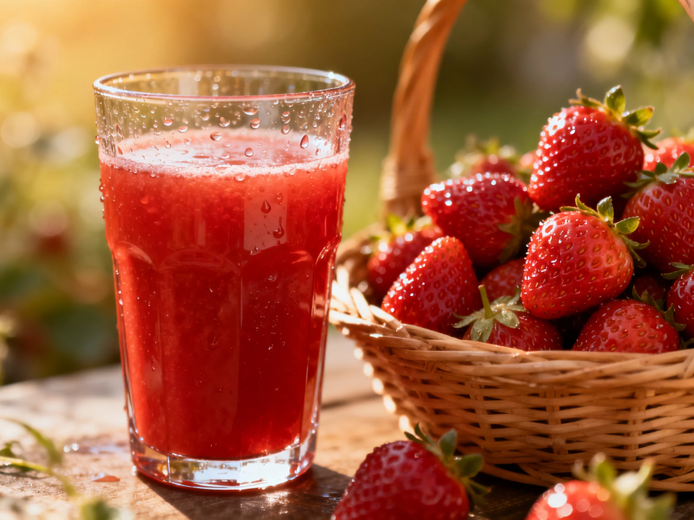 A tall glass of bright red strawberry juice beside a basket of fresh strawberries