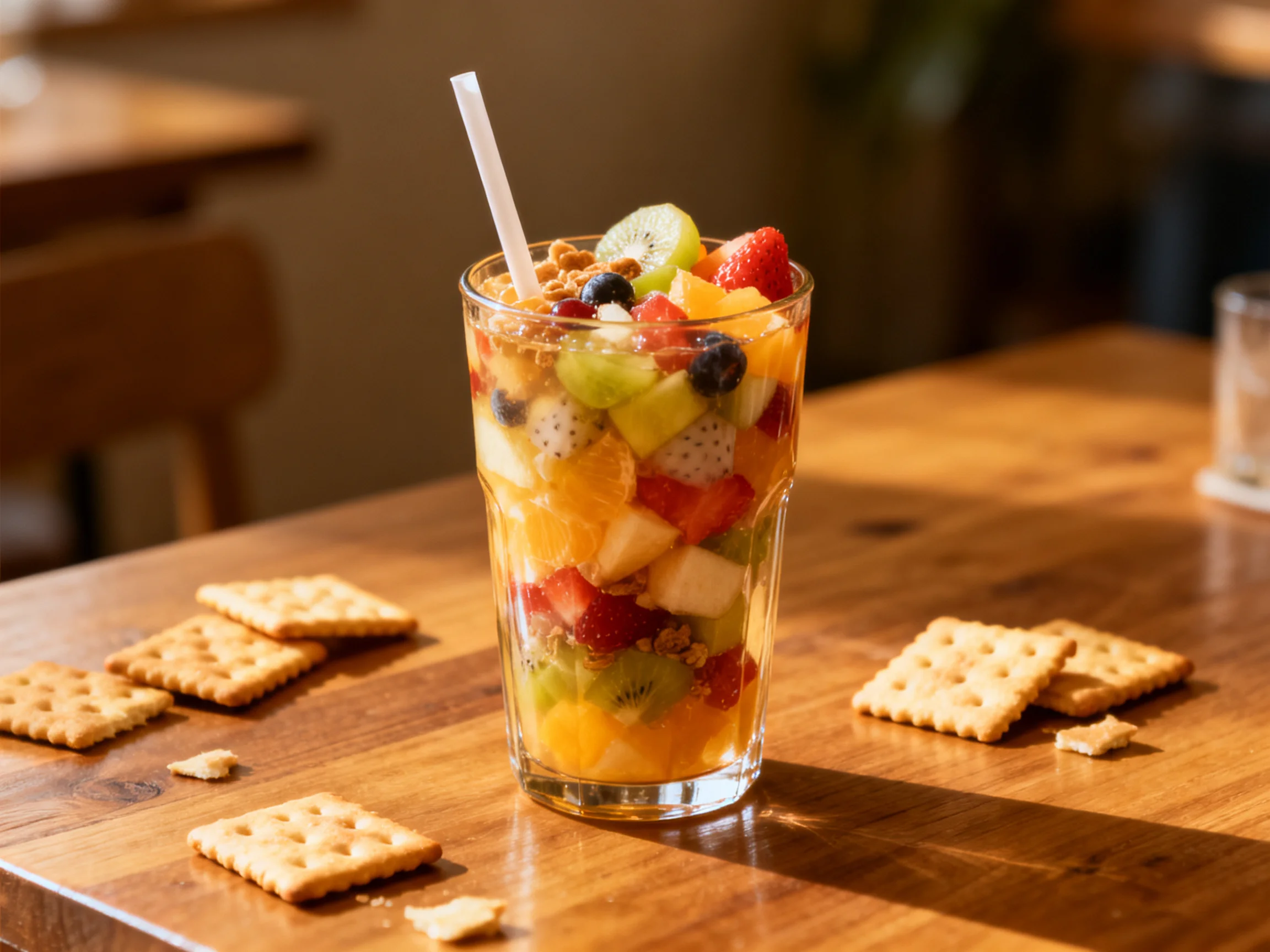 A tall glass of colorful mixed fruit salad with square crackers on a wooden table