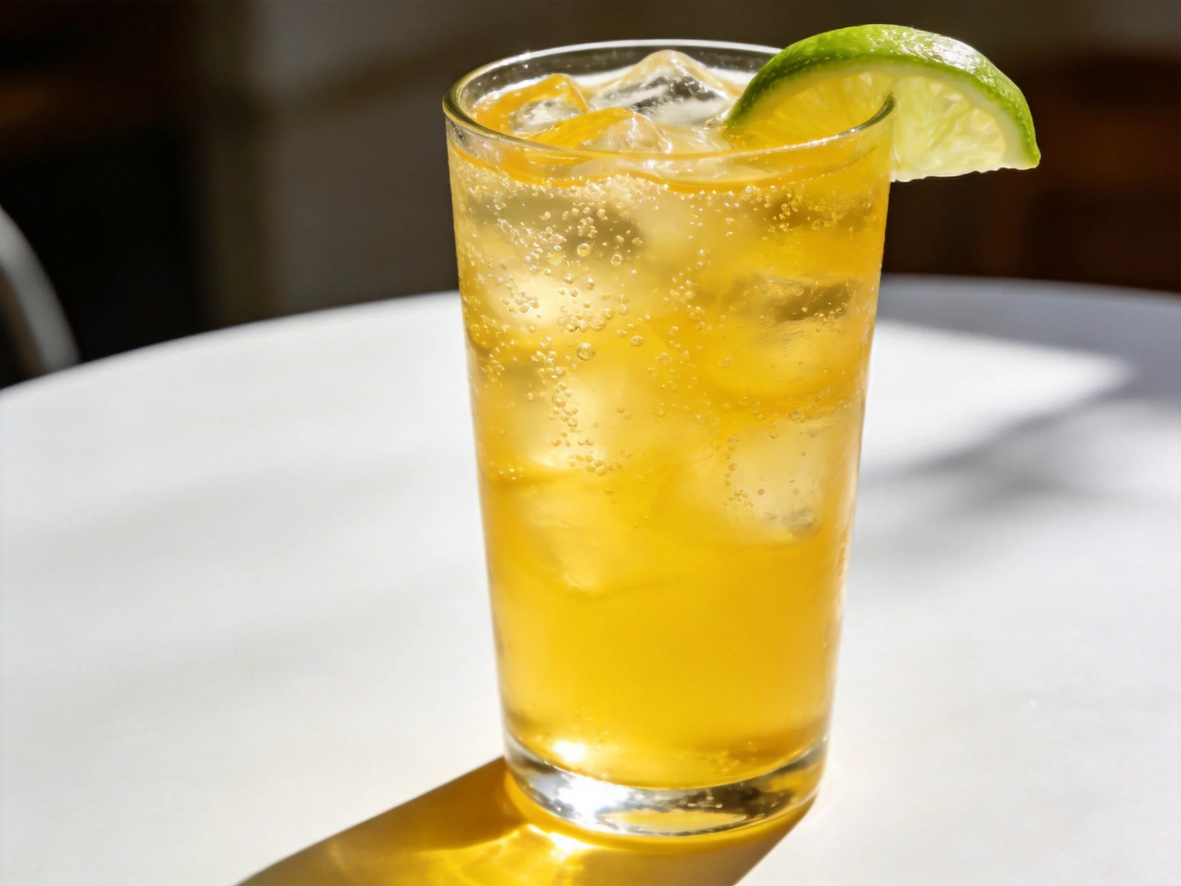 A tall glass of golden citrus drink with lime garnish and ice cubes