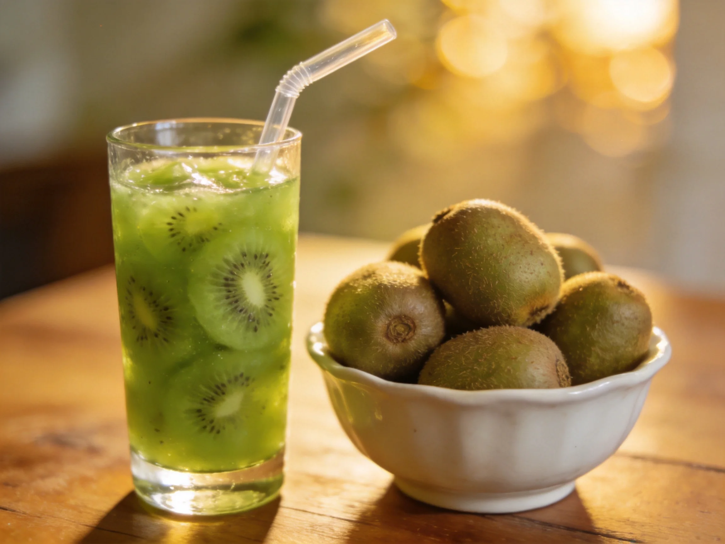 A tall glass of green kiwi juice beside a white bowl of whole kiwis
