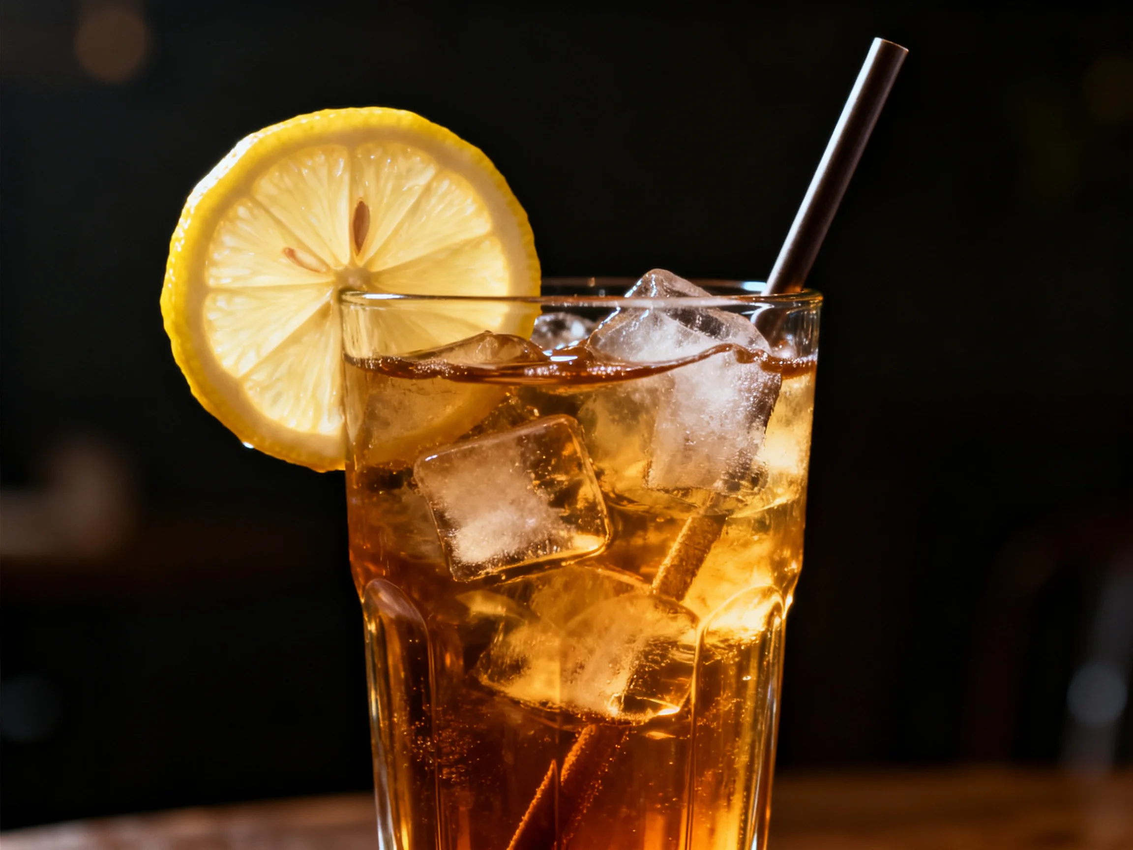 A tall glass of iced tea garnished with lemon and ice cubes