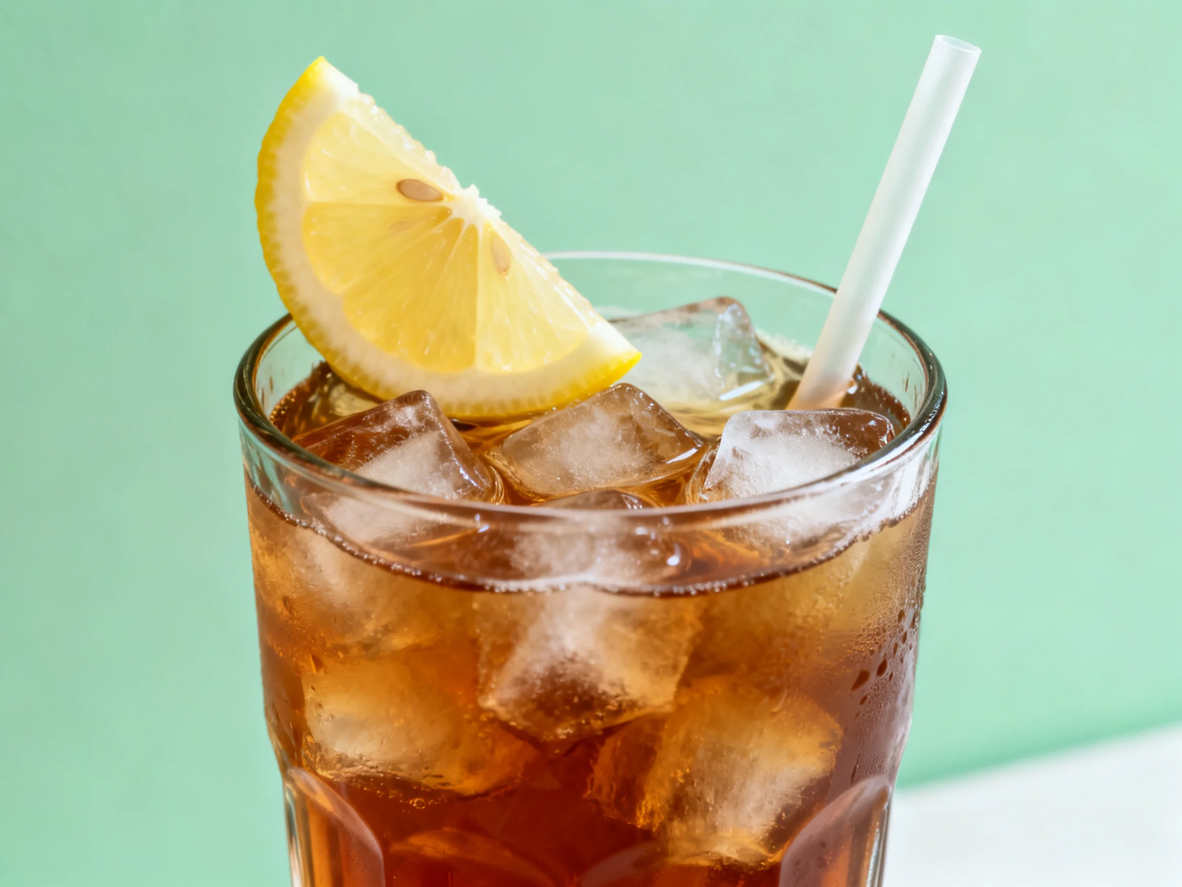 A tall glass of iced tea with lemon garnish and ice cubes