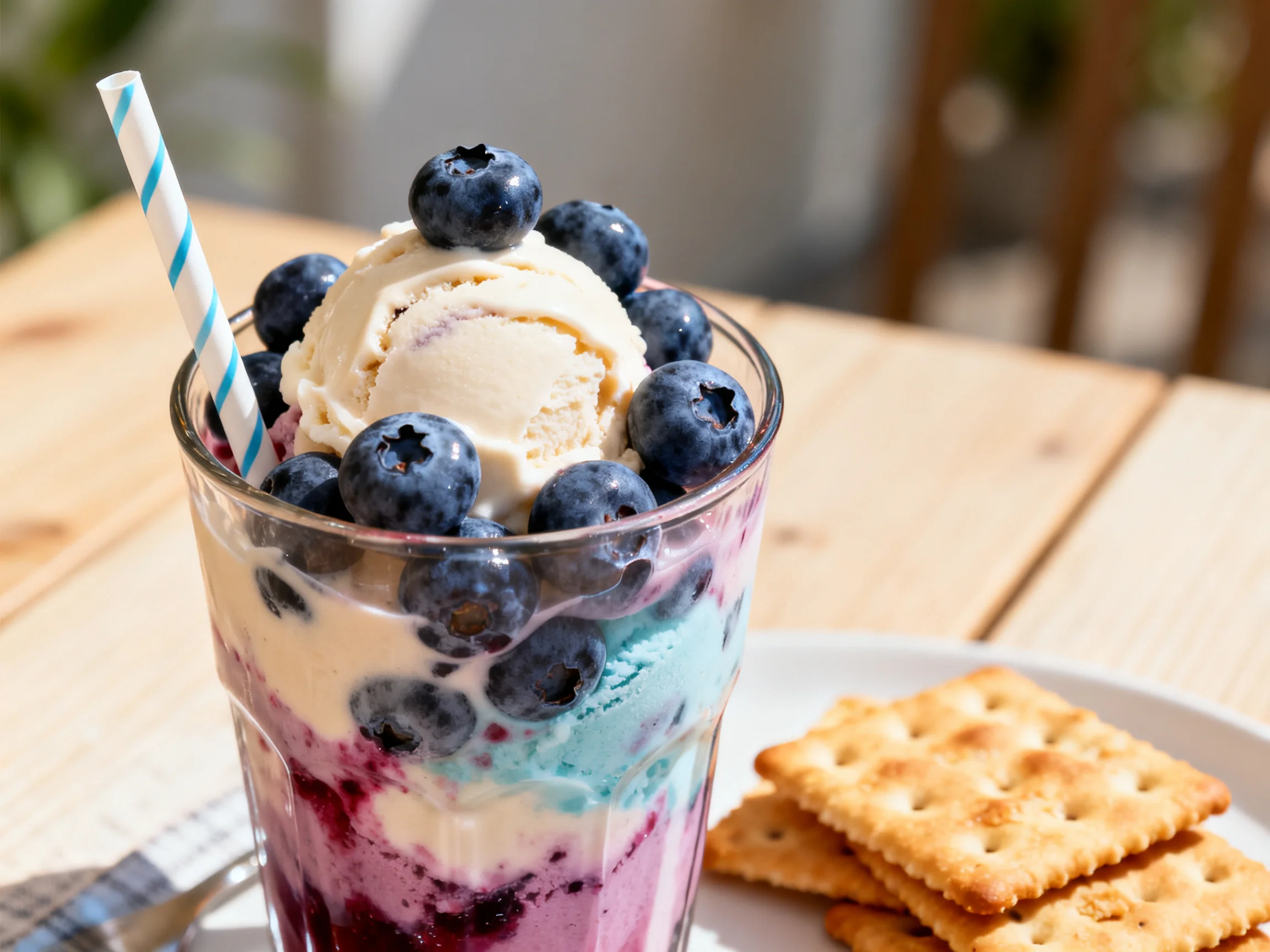 A tall glass of layered ice cream topped with fresh blueberries beside square crackers