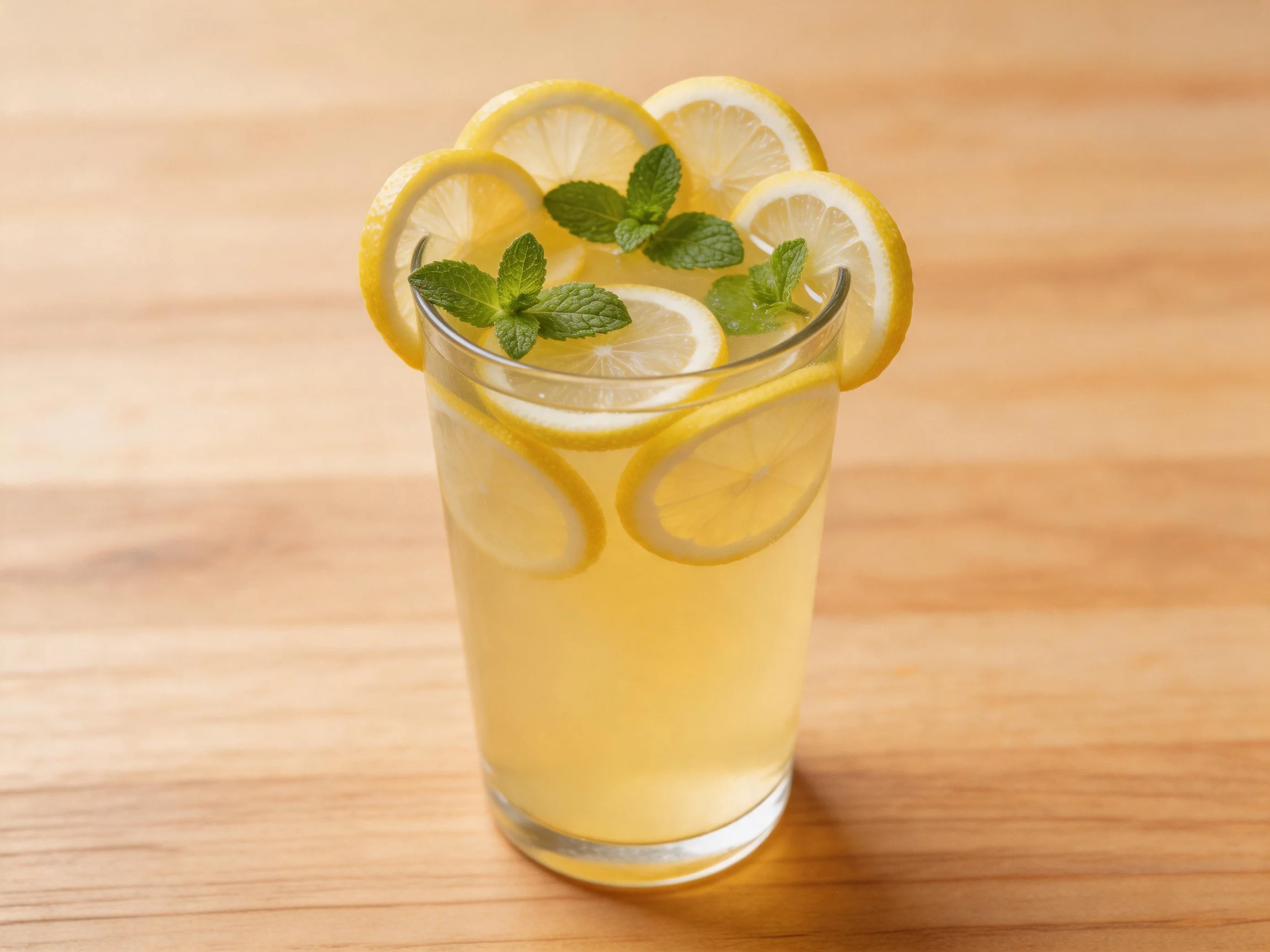 A tall glass of lemonade adorned with lemon slices and mint