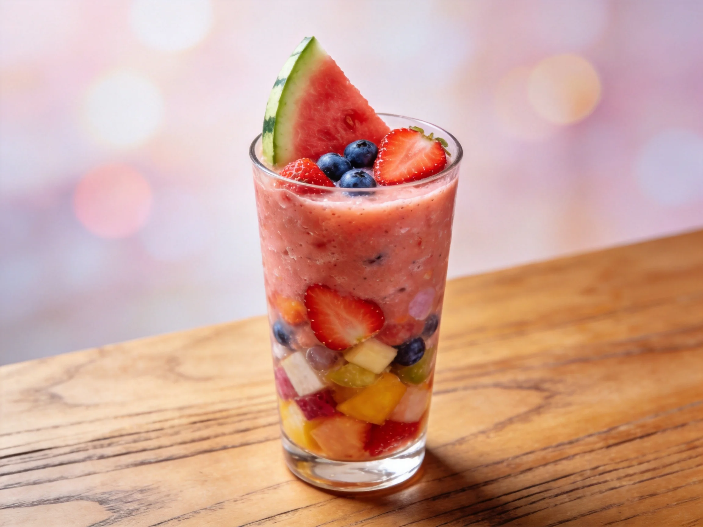 A tall glass of vibrant fruit smoothie with layered fresh berries and melon
