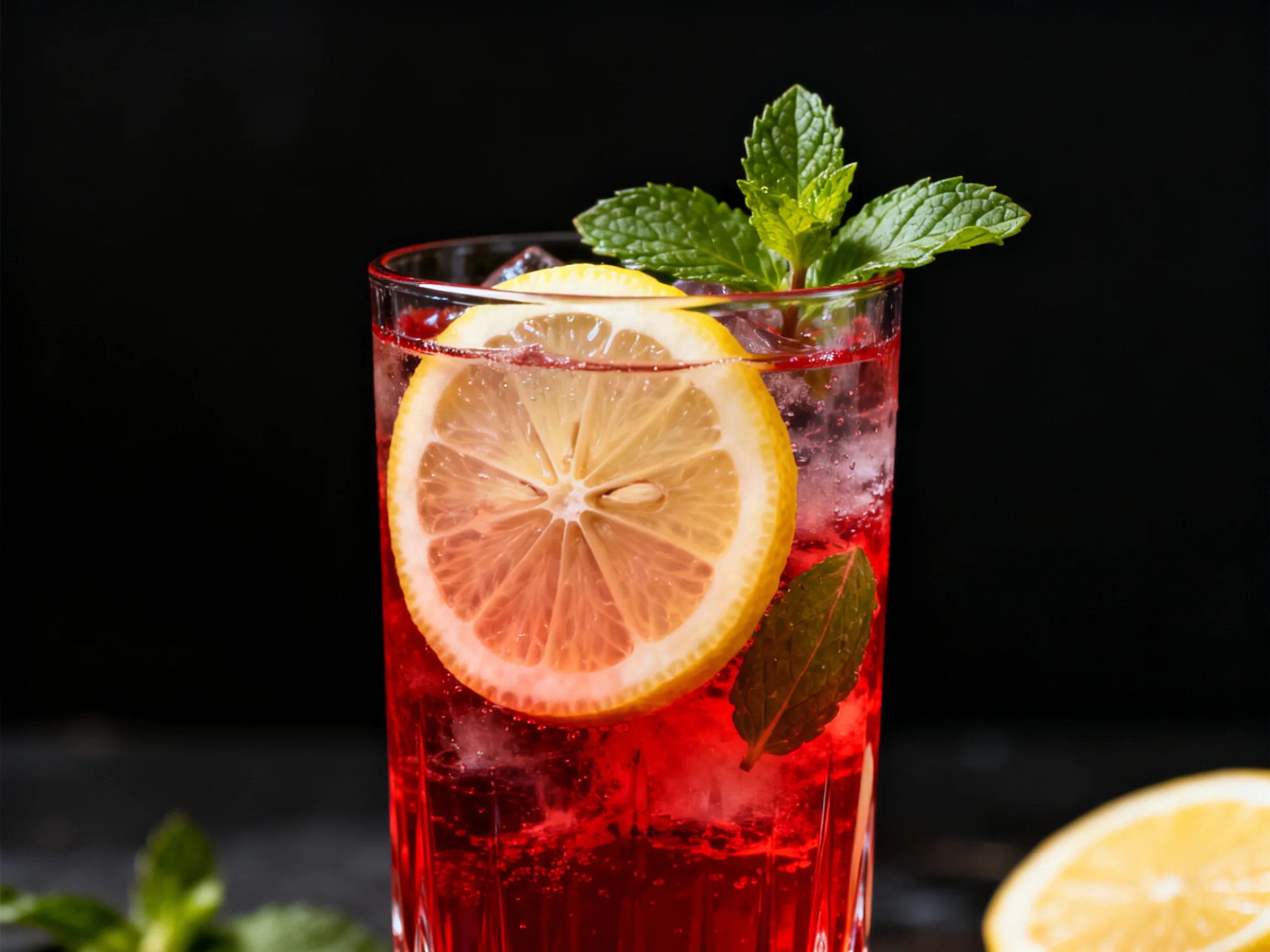 A tall glass of vibrant red beverage with lemon and mint garnish