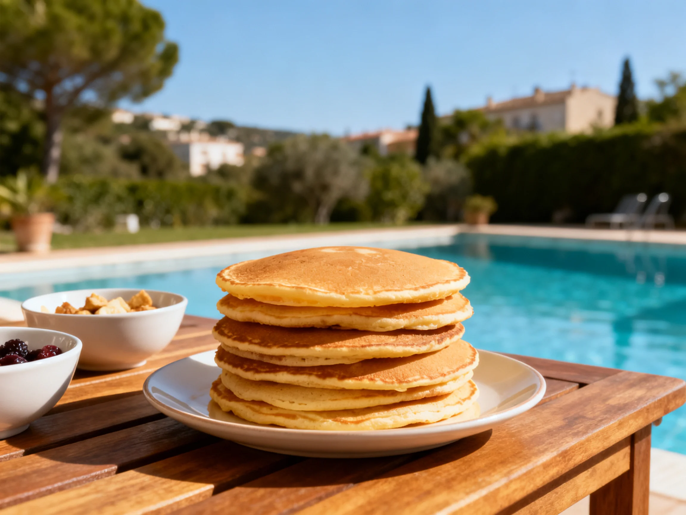 A tall stack of golden pancakes by a sparkling blue pool