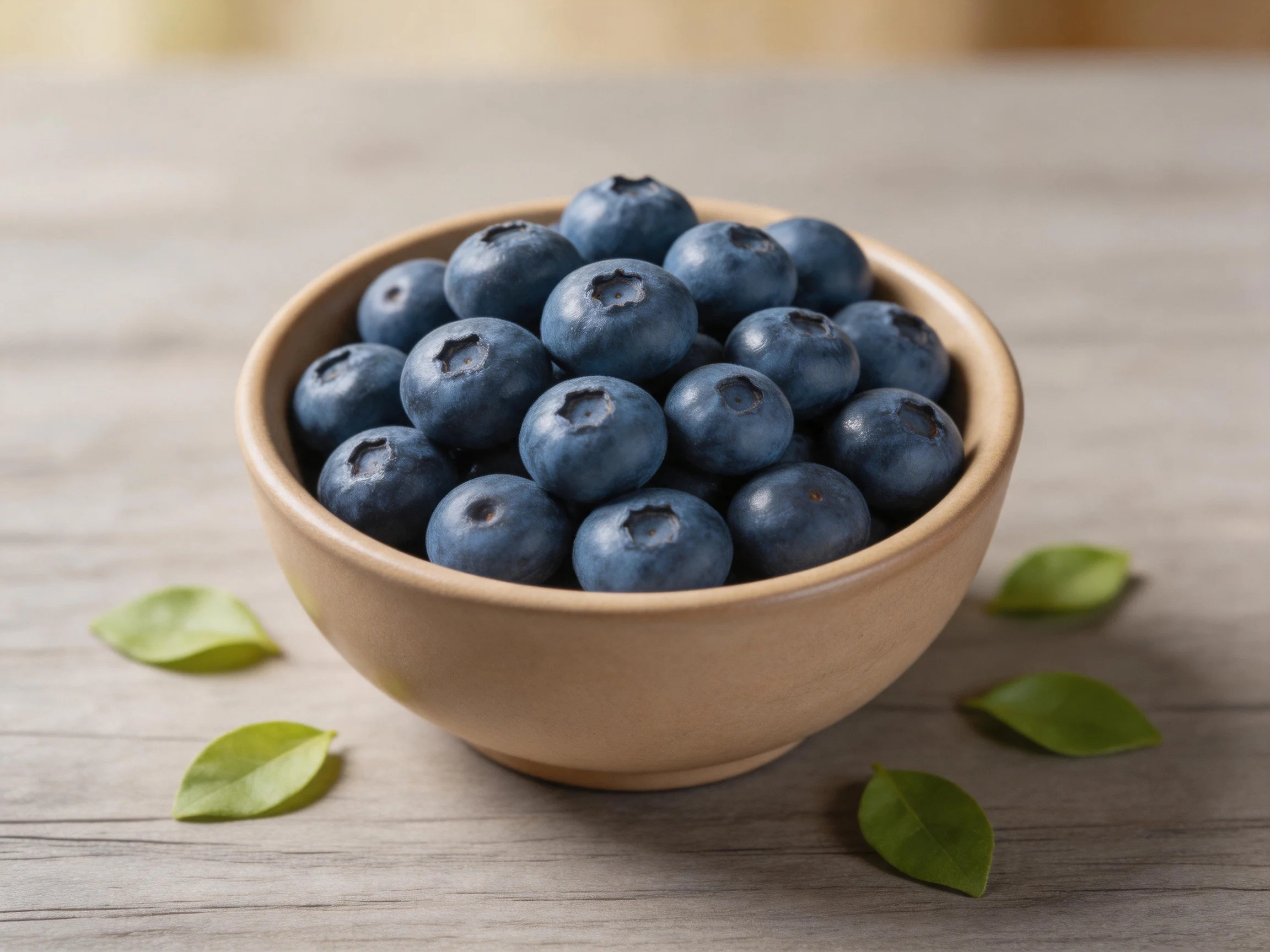A tan bowl filled with plump blueberries on a wooden surface