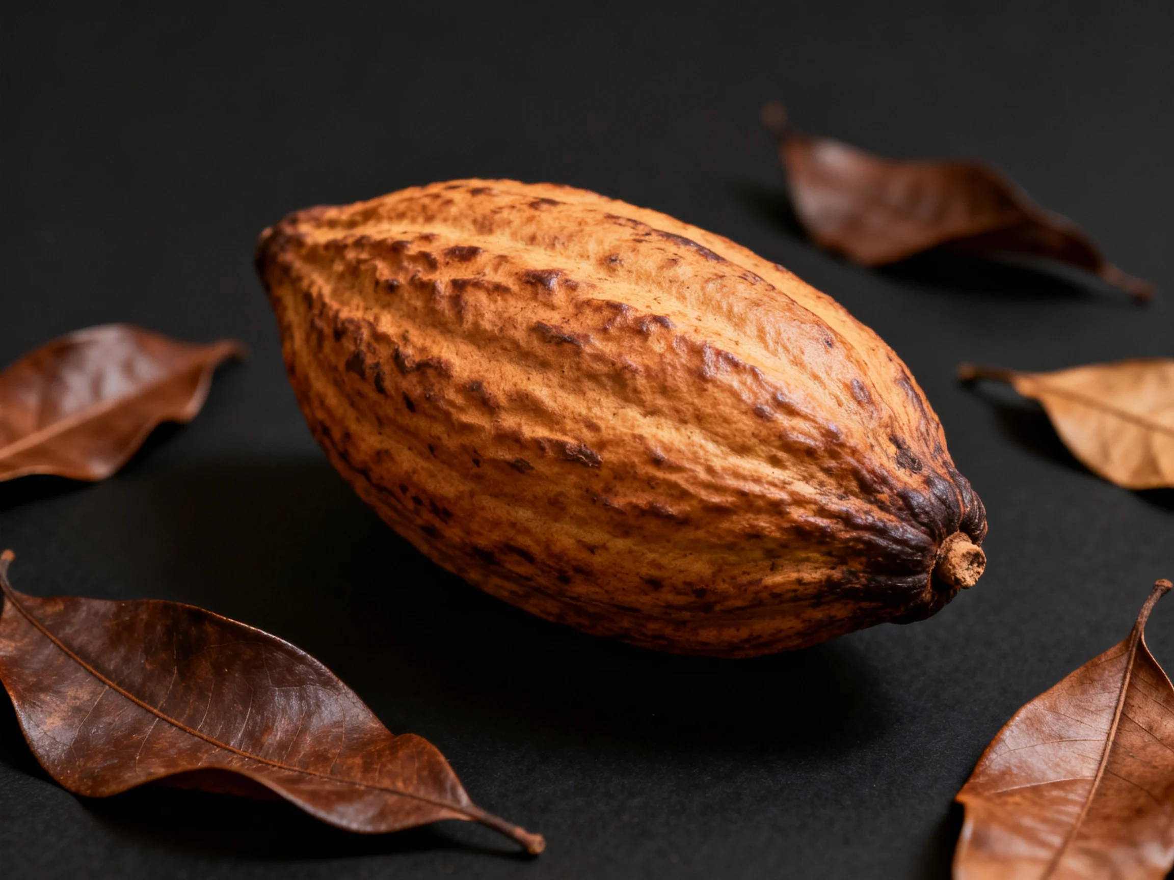 A textured cocoa pod with brown dried leaves on a dark surface