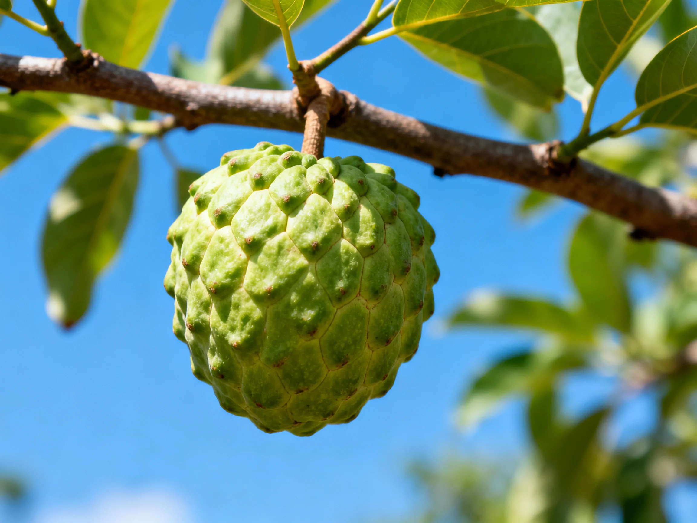 A textured green custard apple hangs from a brown tree branch