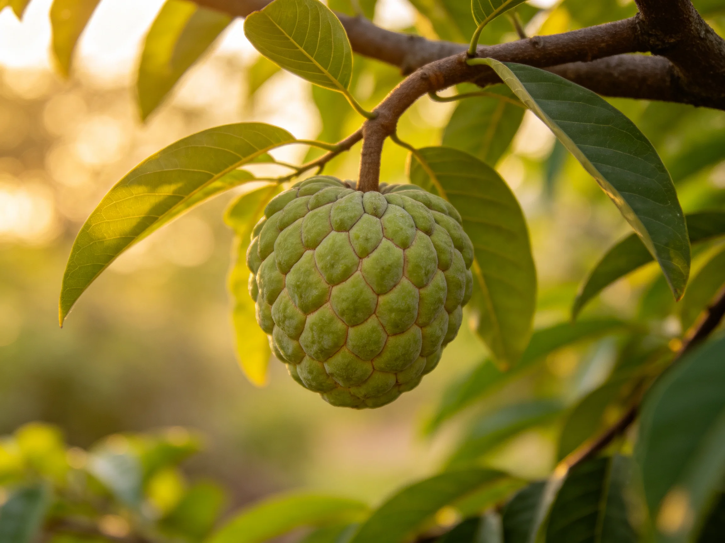 A textured green custard apple hangs from a leafybranch