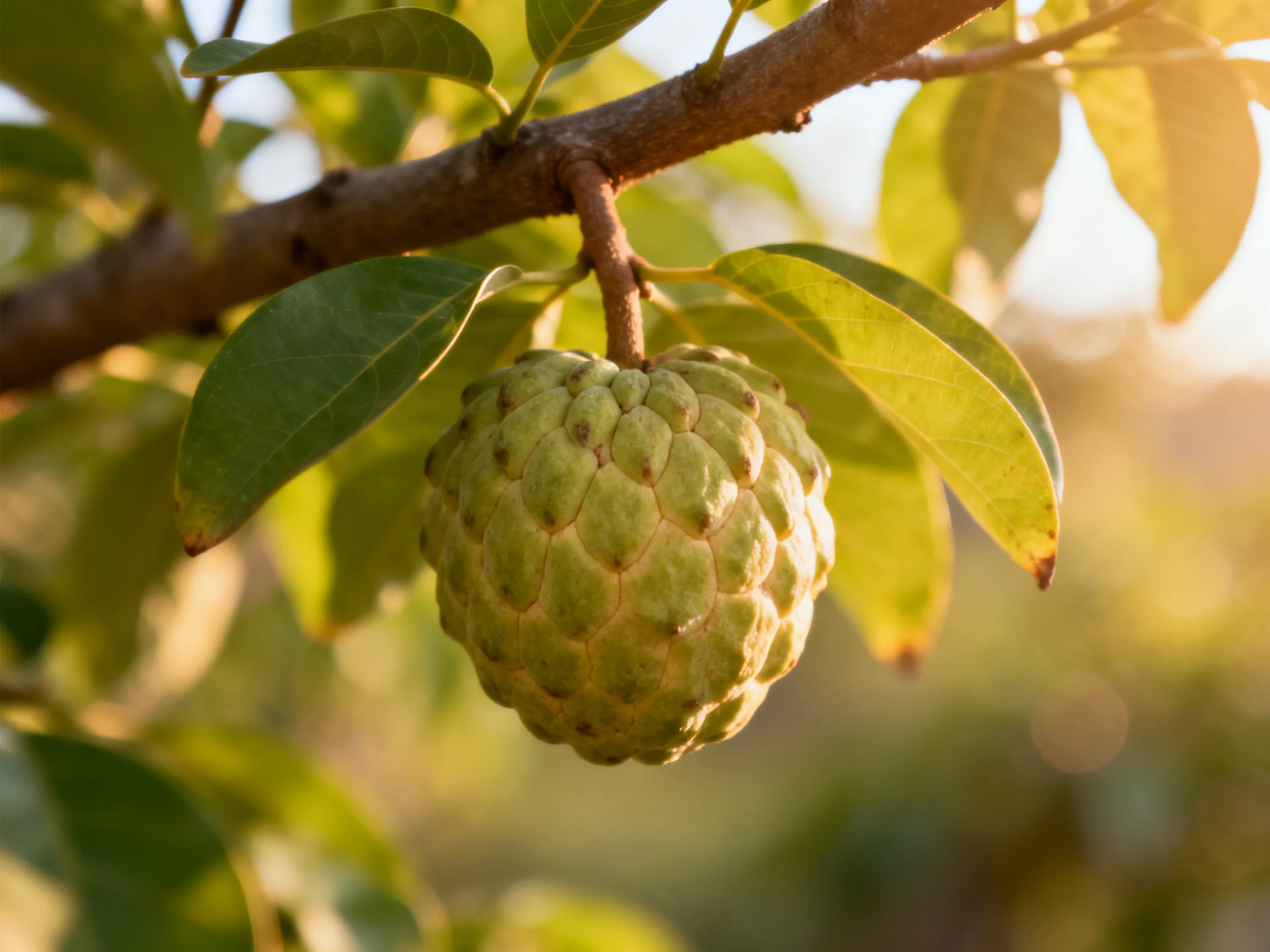 A textured green fruit hangs from a tree branch amid lush foliage
