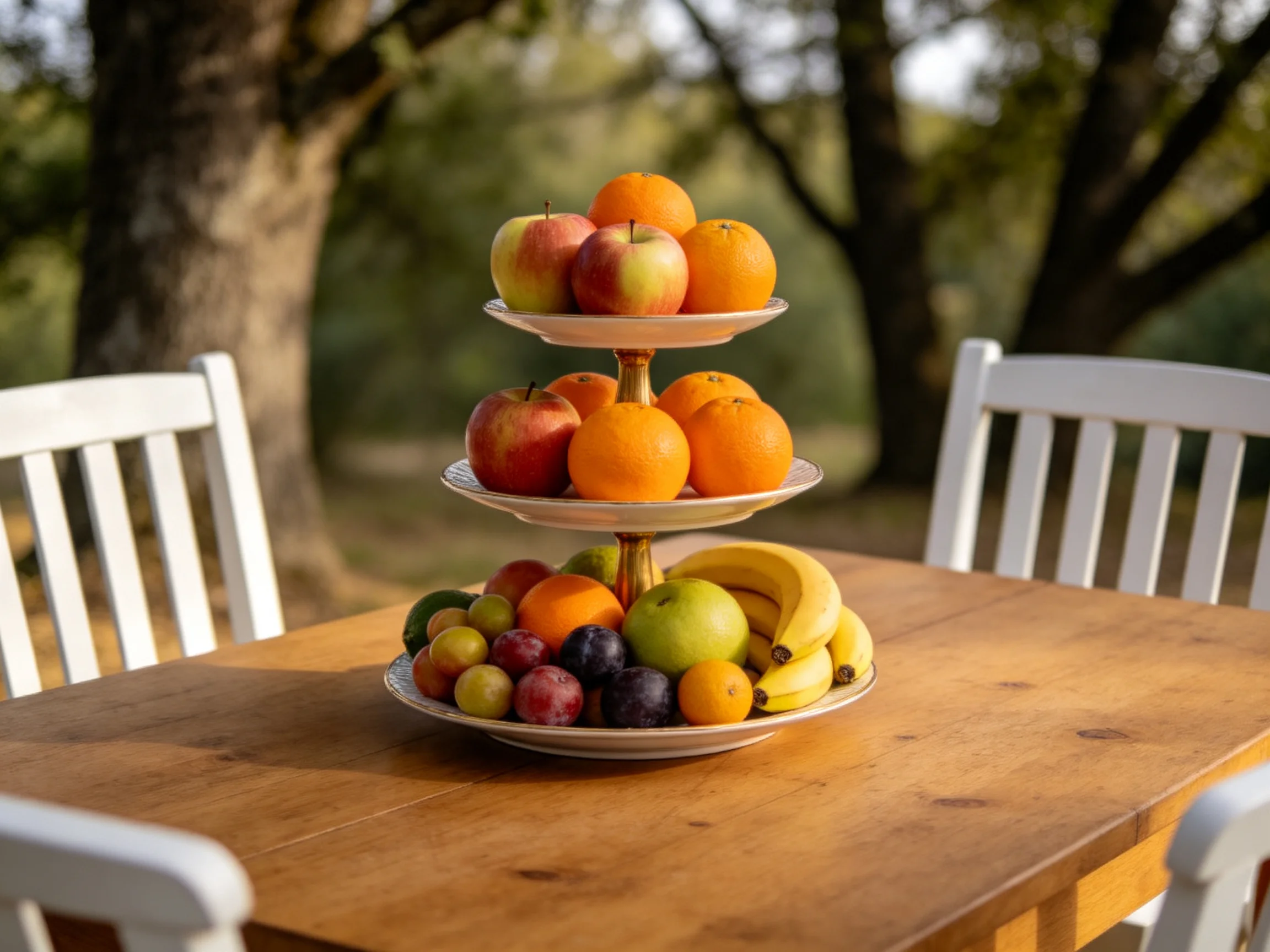 A three - tiered fruit stand holds assorted fruits outdoors