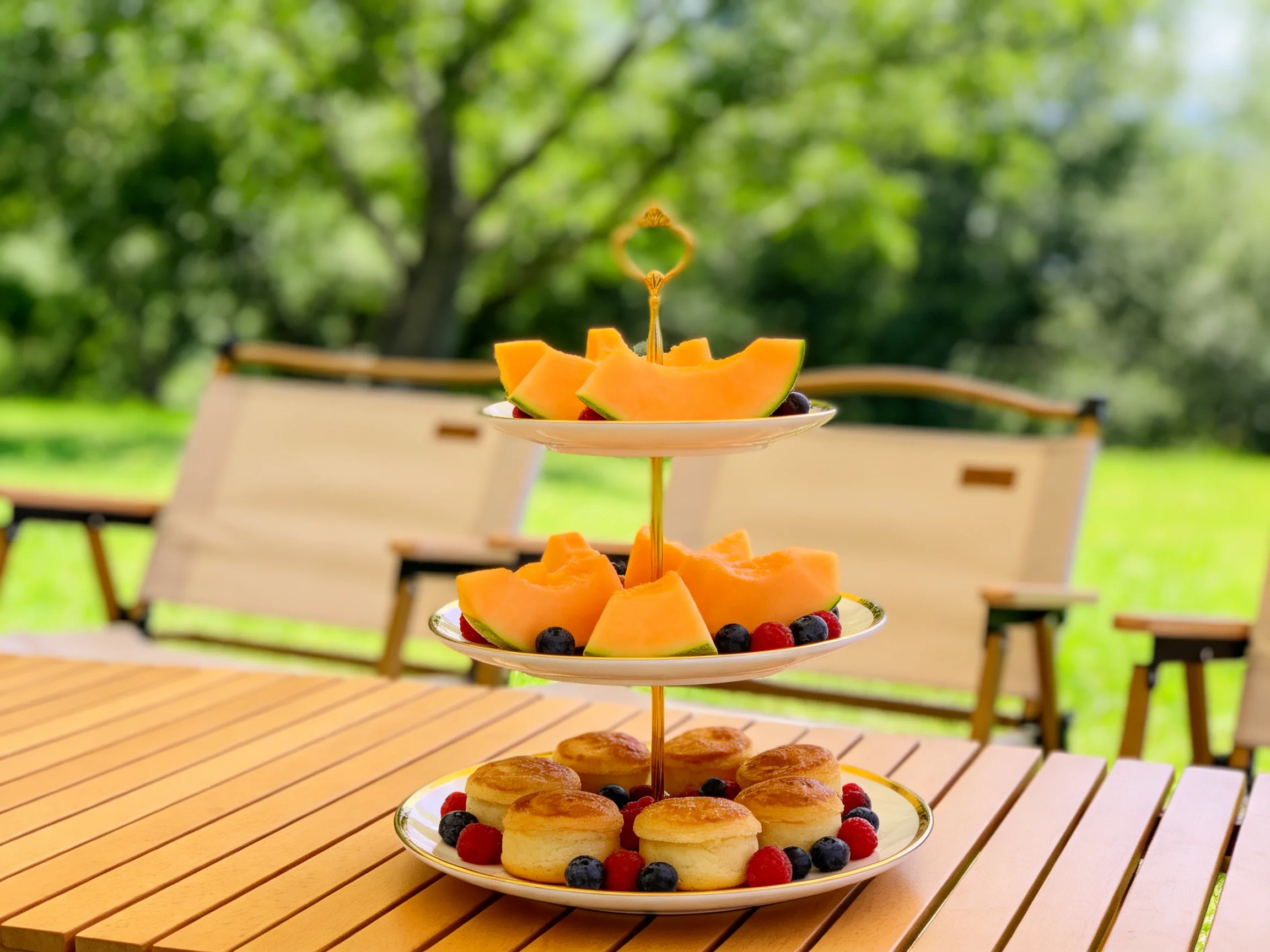 A three-tiered serving stand with cantaloupe, berries, and pastries on an outdoor table