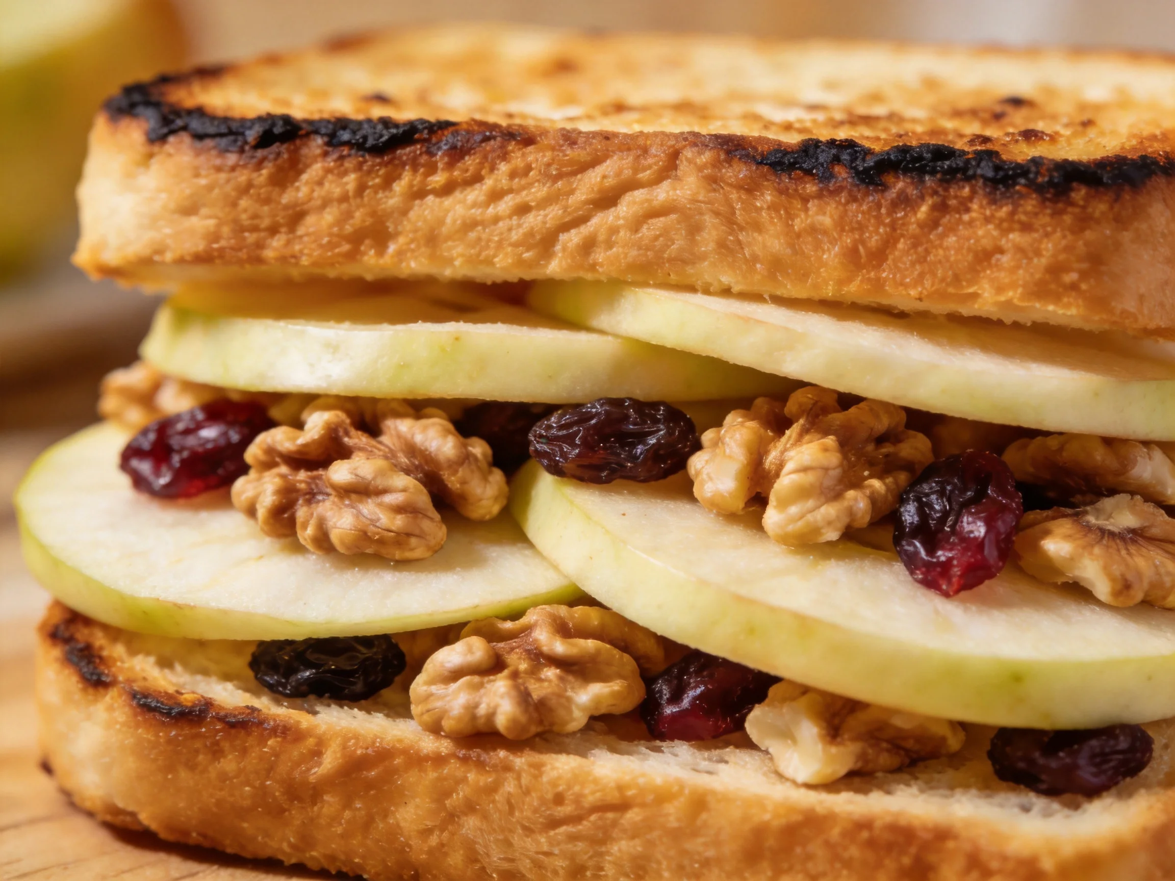 A toasted sandwich filled with apple slices, walnuts, and cranberries