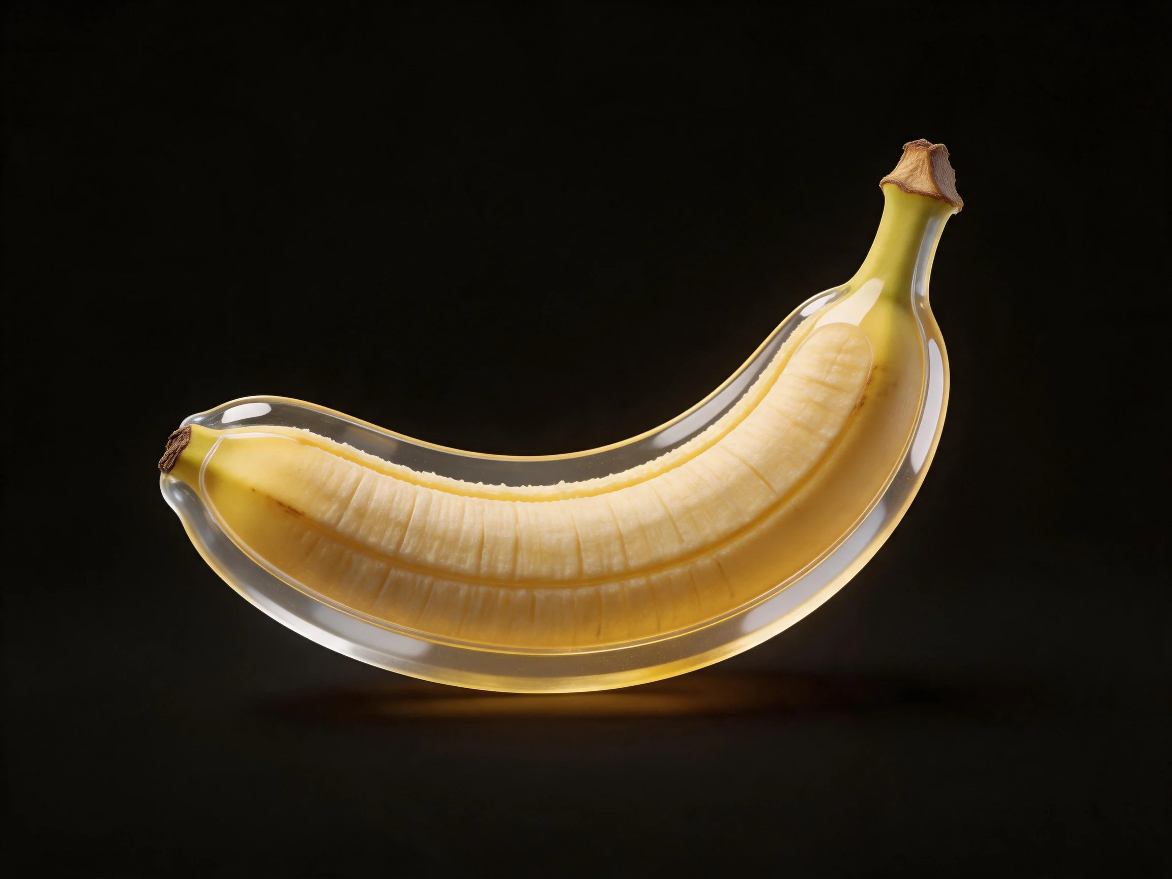 A transparent glass sculpture shaped like a banana encasing a yellow banana