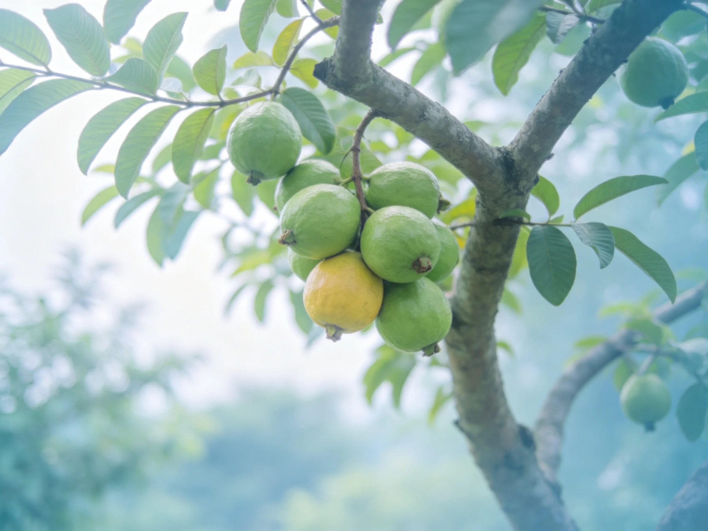 A tree branch bears green and one yellow guavas amid lush foliage