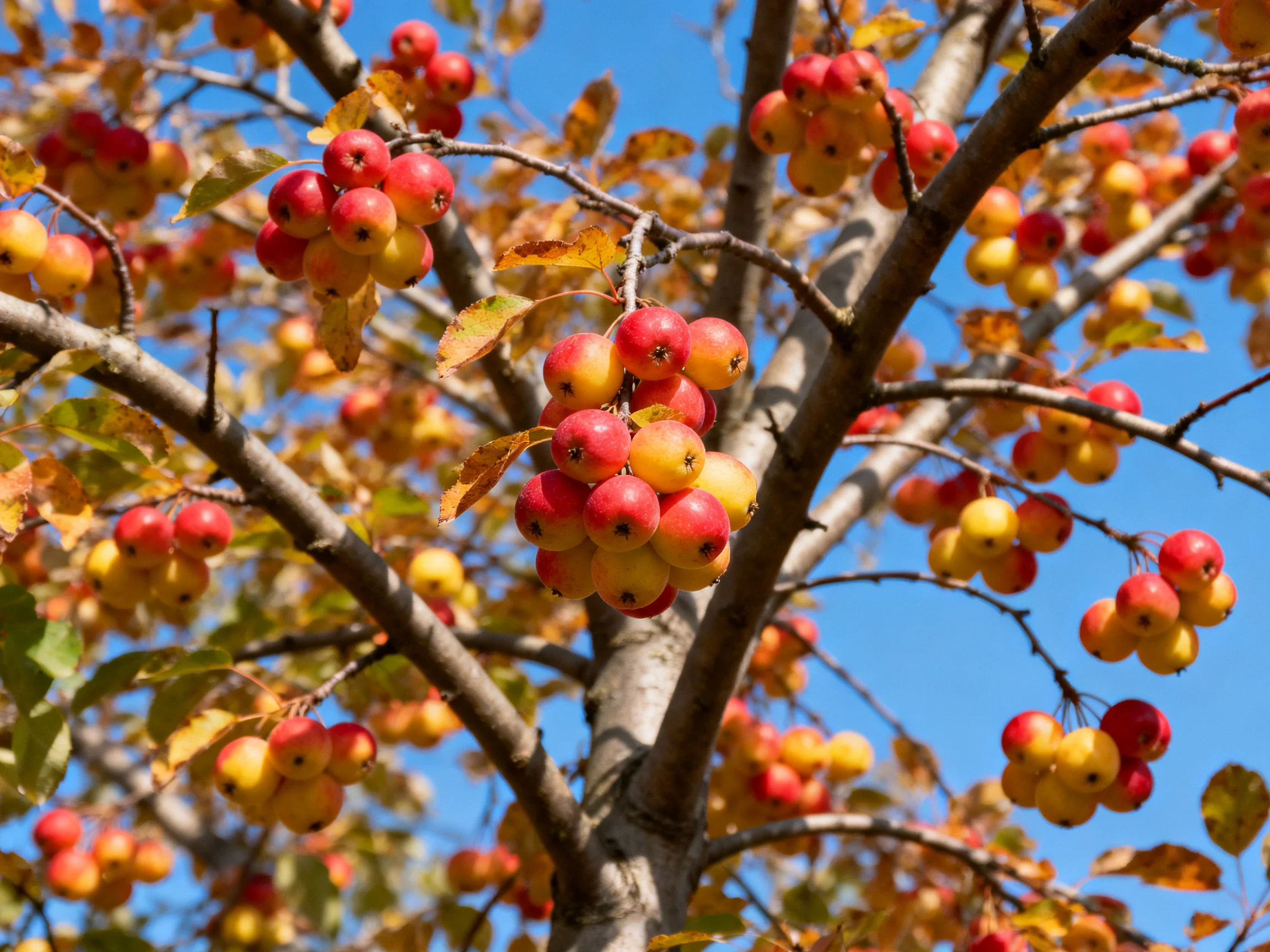 A tree laden with red and yellow crabapples against a clear blue sky