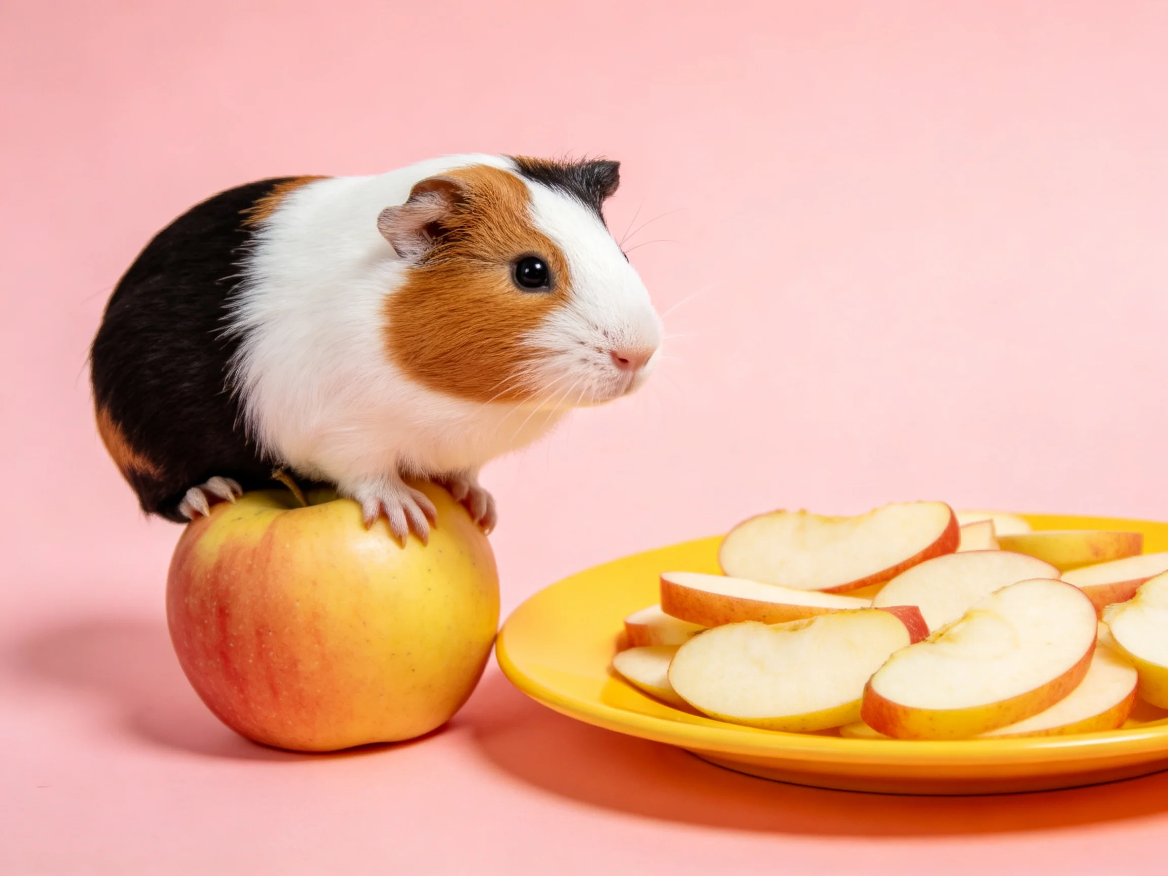 A tricolor guinea pigperches on an apple near sliced apples